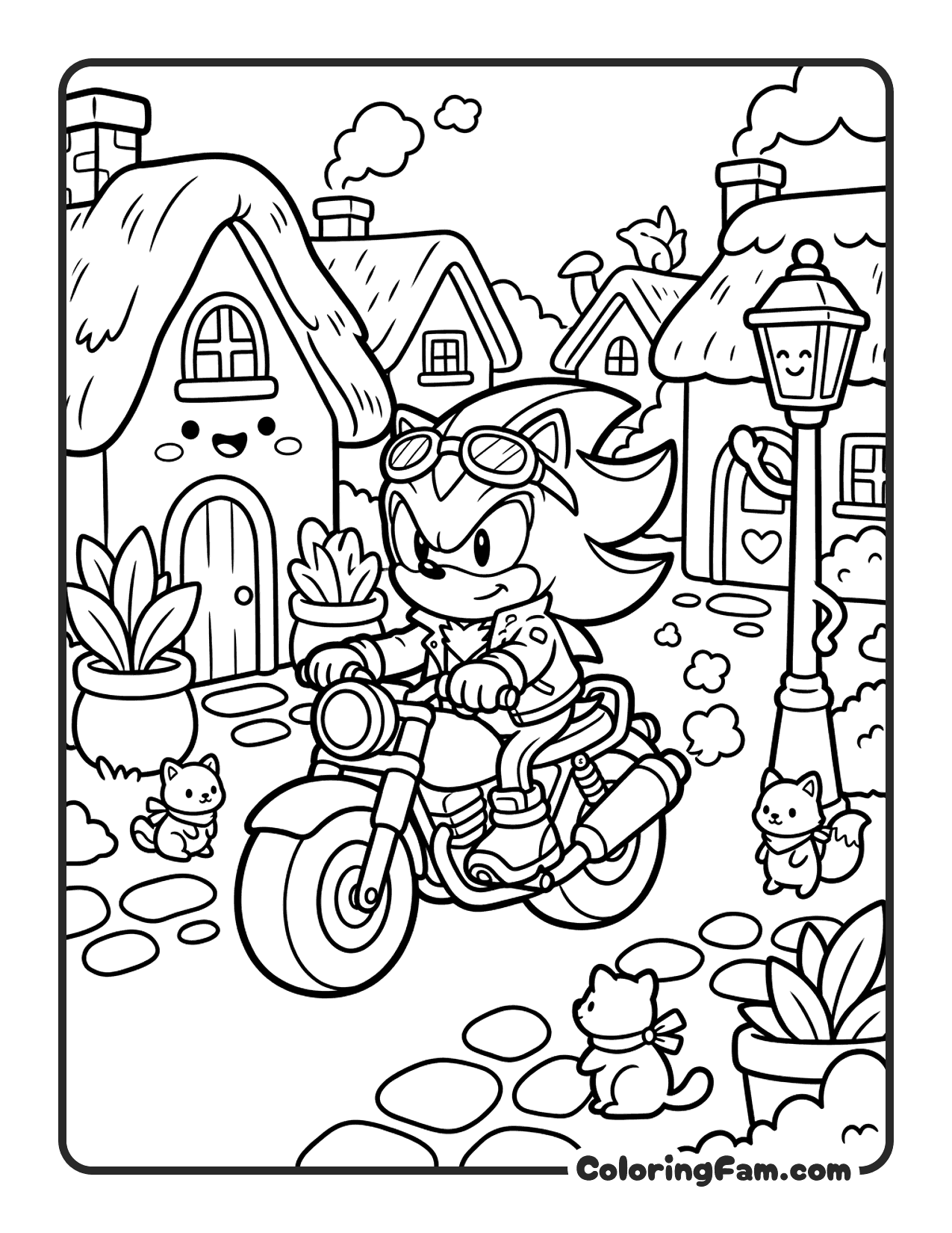 Shadow The Hedgehog Riding Motorcycle coloring page