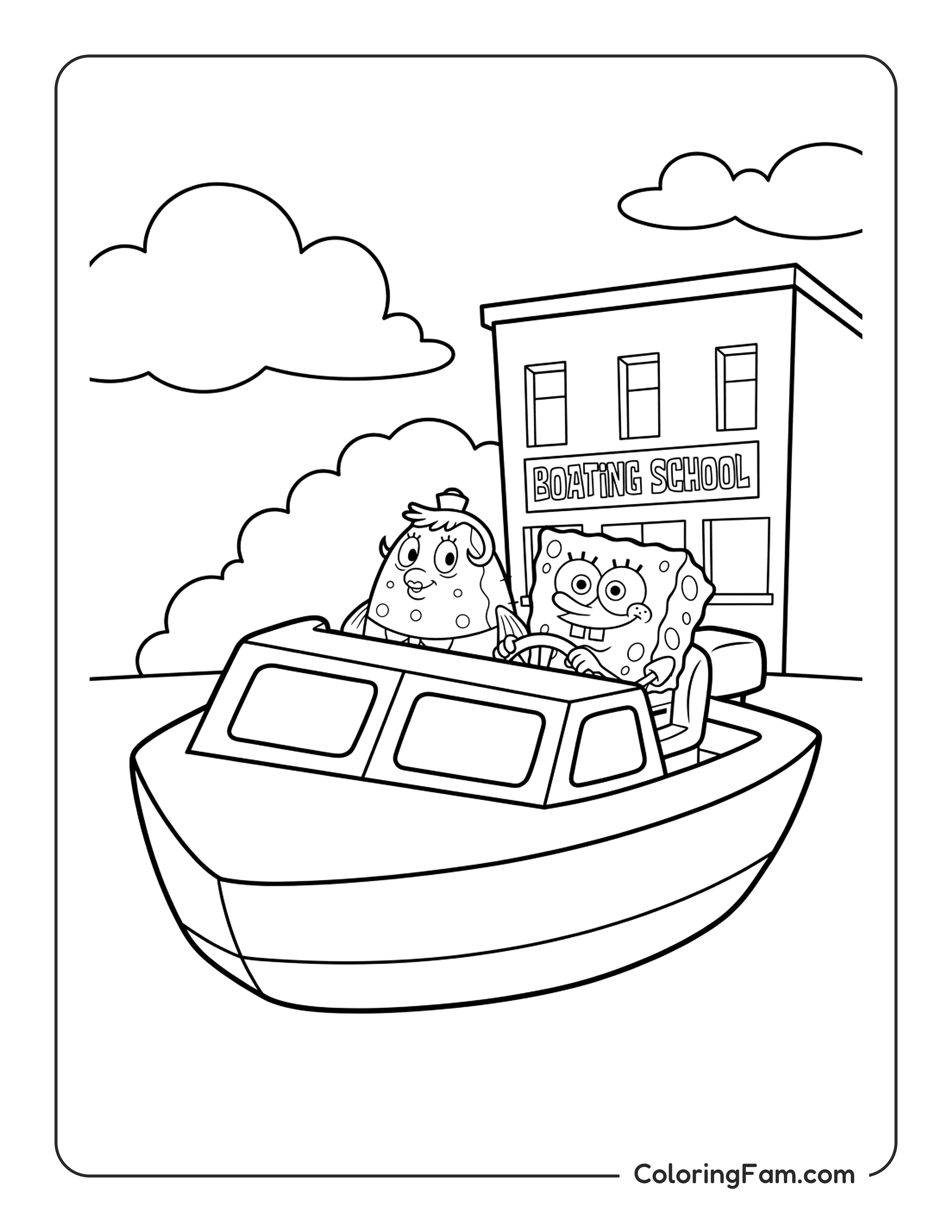 Spongebob At Boating School Driving A Boat coloring page