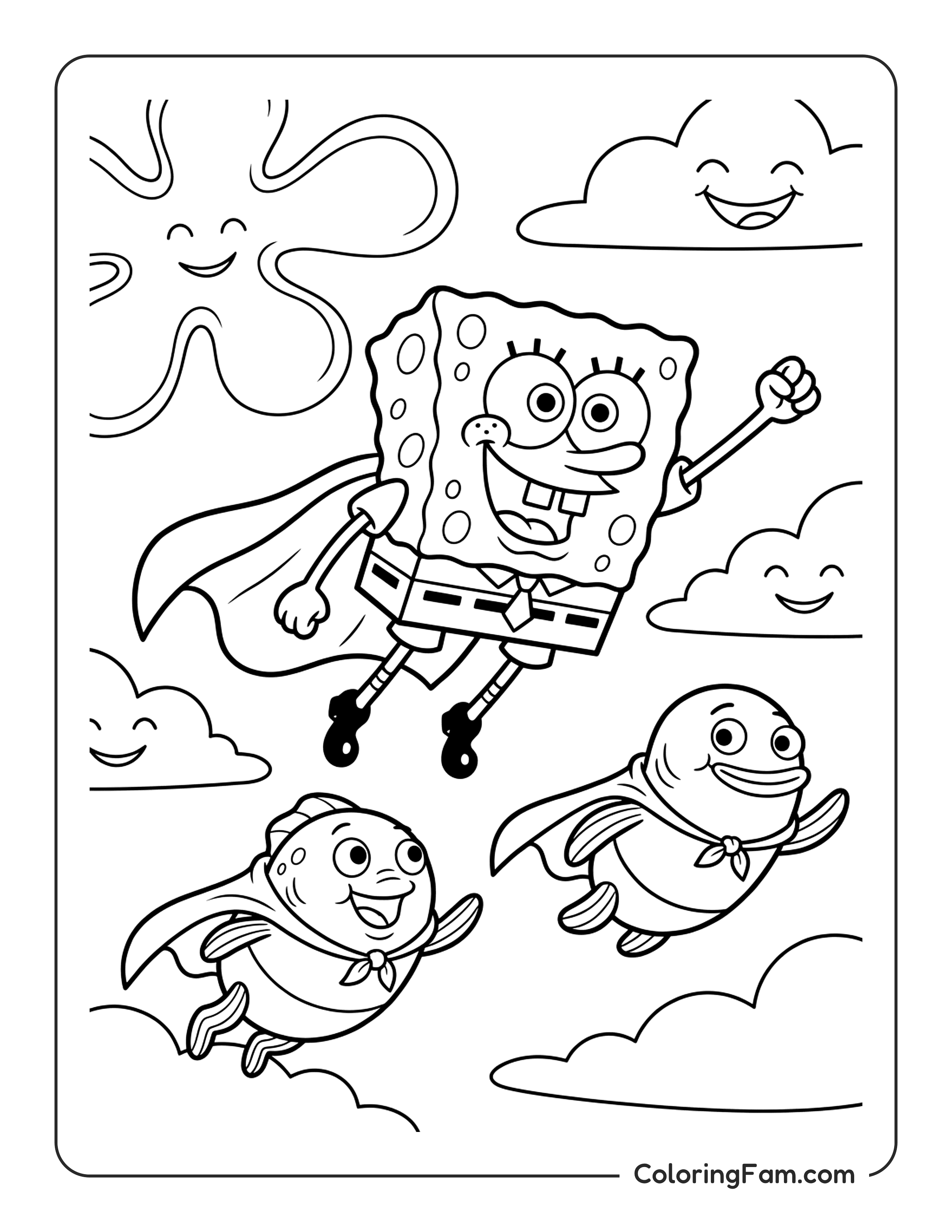 Spongebob Wearing A Superhero Cape Flying coloring page