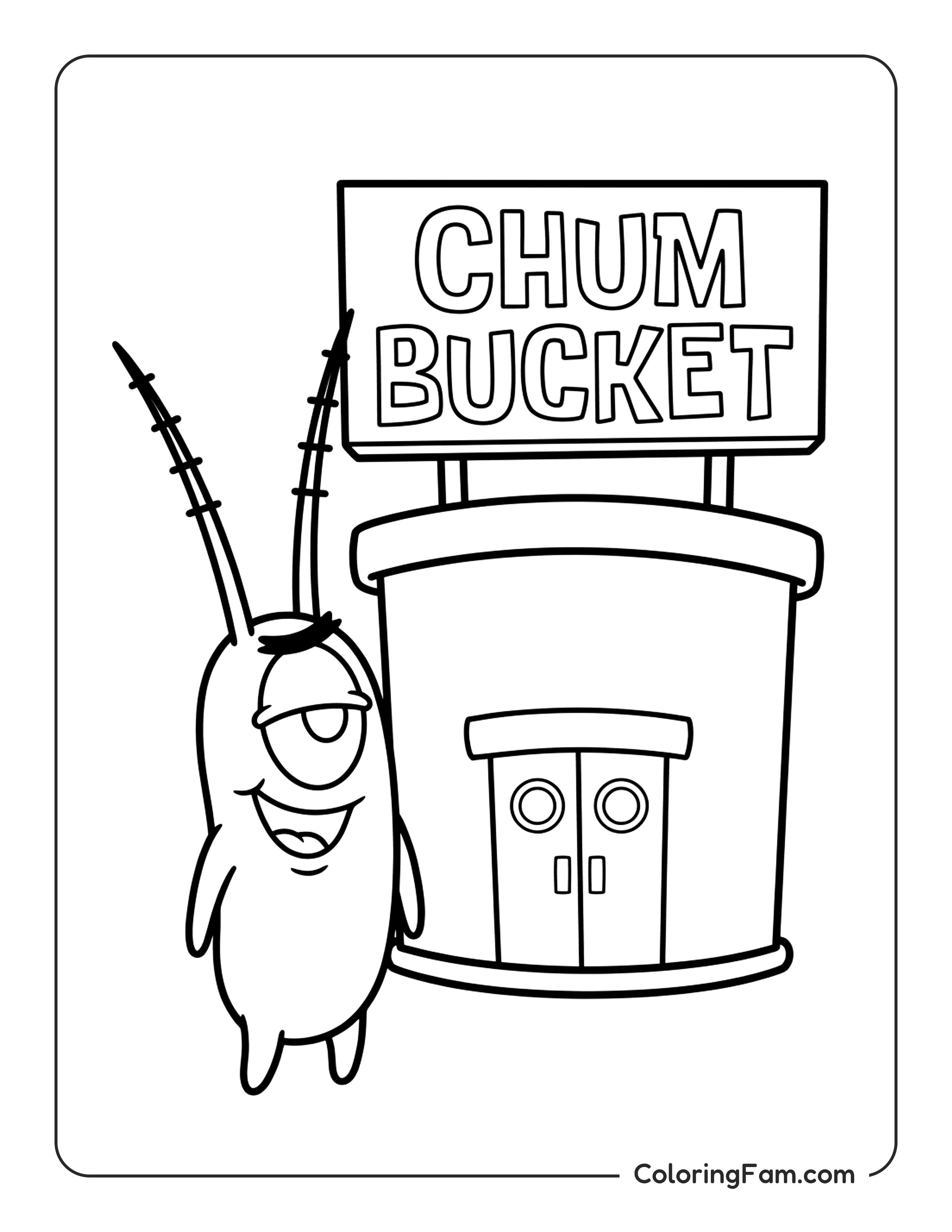 Plankton Standing Next To The Chum Bucket coloring page