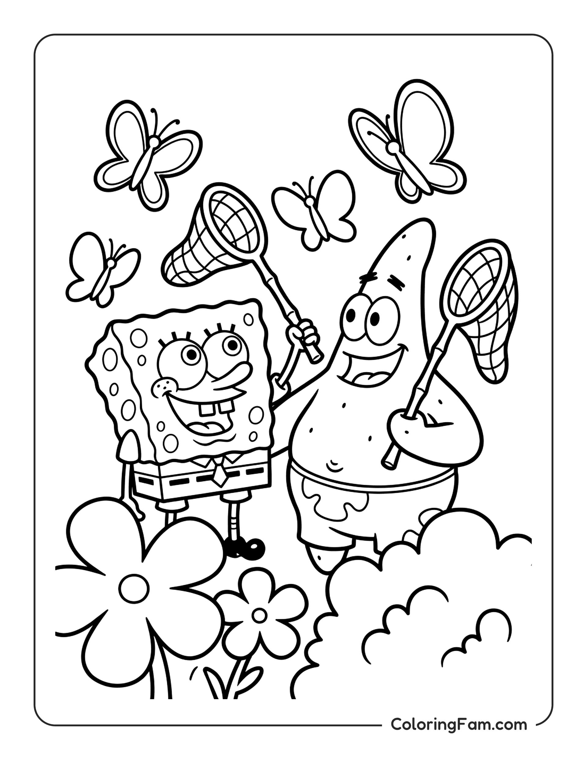 Spongebob And Patrick Catching Butterflies coloring page