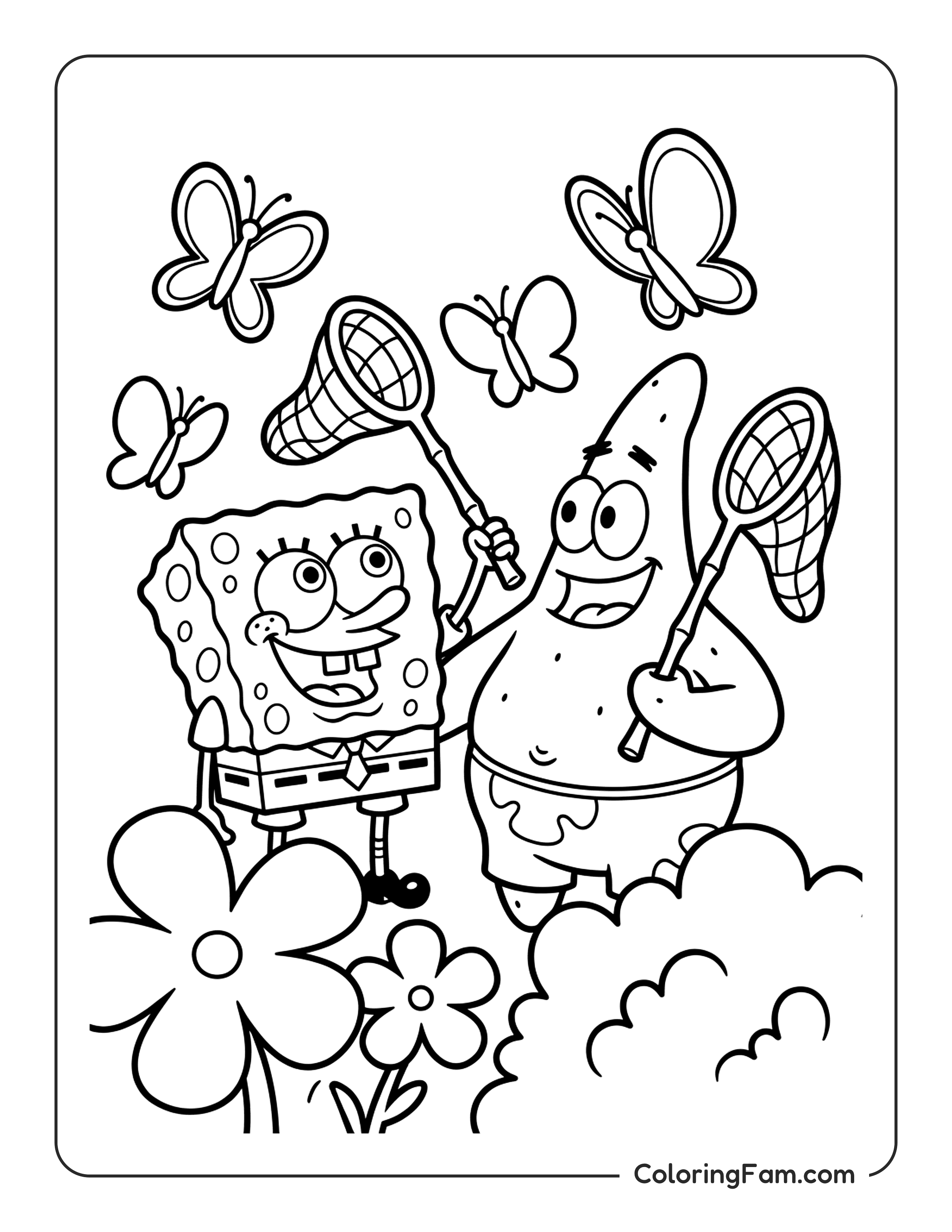 Spongebob And Patrick Catching Butterflies coloring page