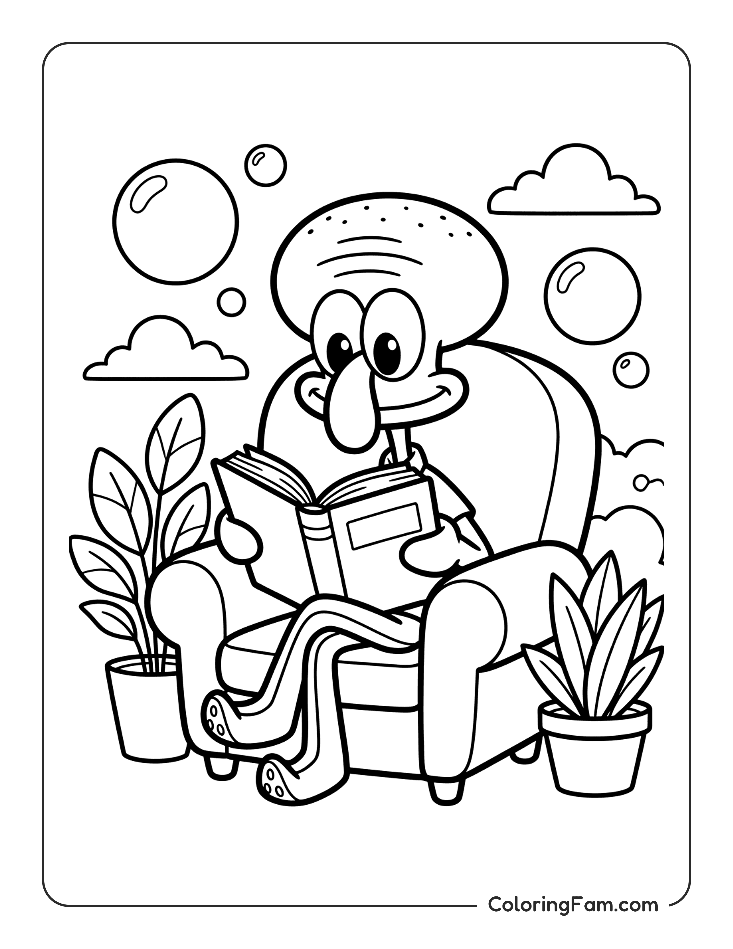 Squidward Reading A Book Peacefully coloring page