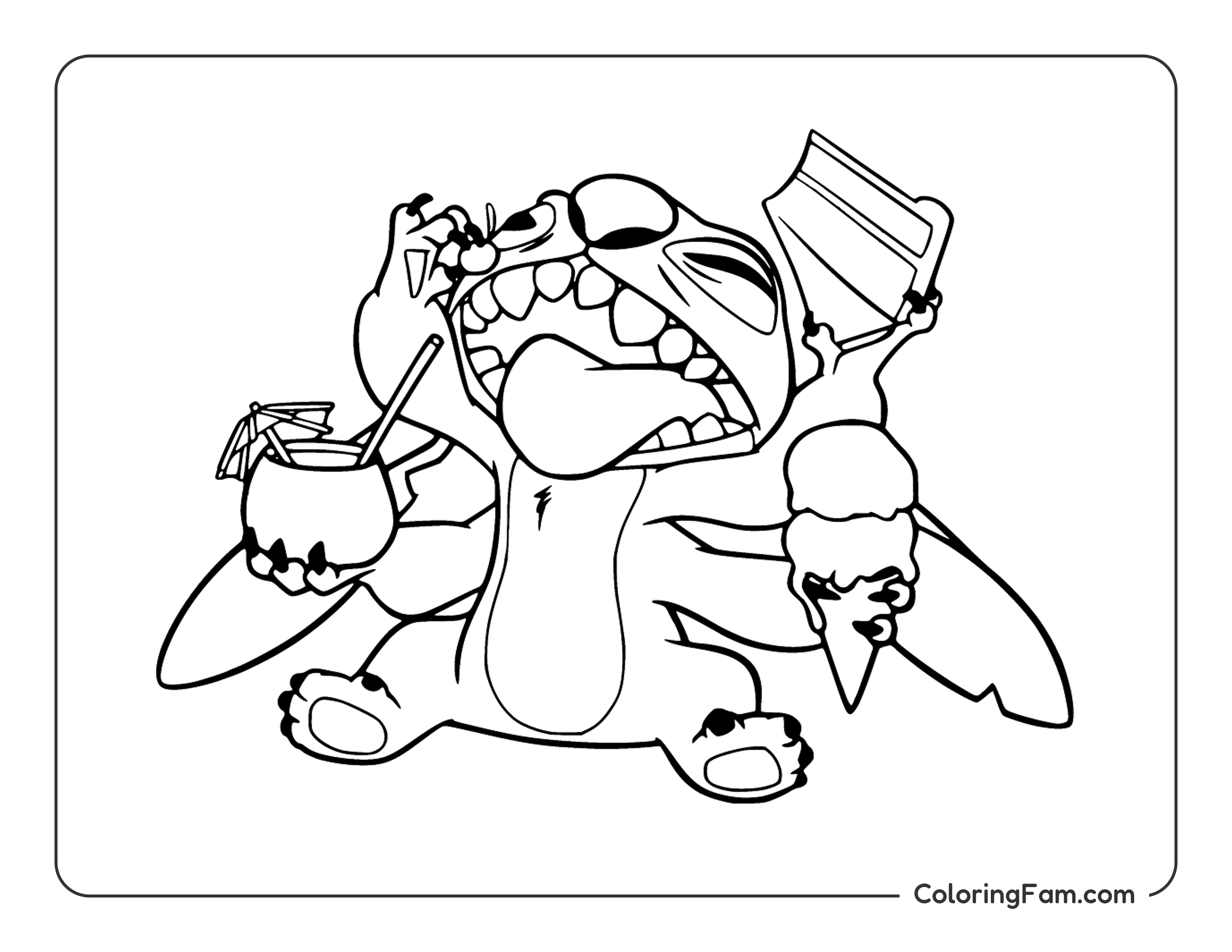 Stitch feasting on various treats coloring page printable