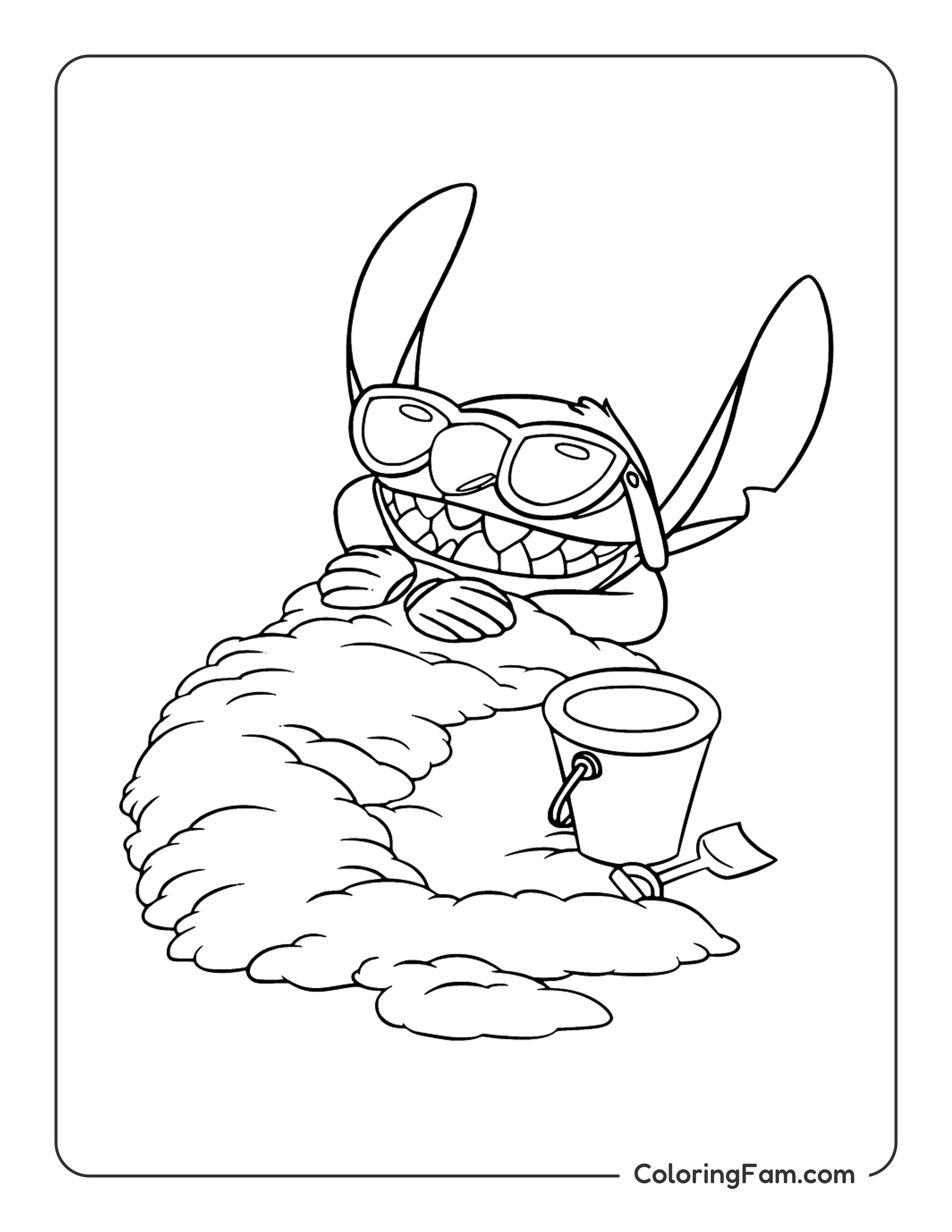 Stitch buried in sand as a mermaid coloring page printable