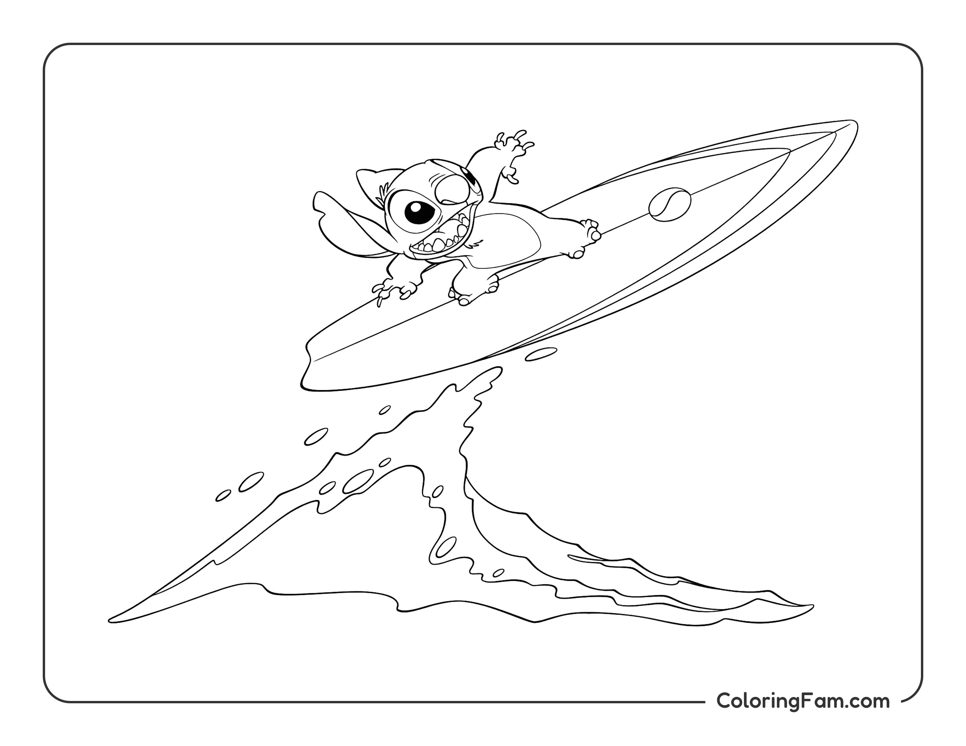 Stitch riding a big wave coloring page printable