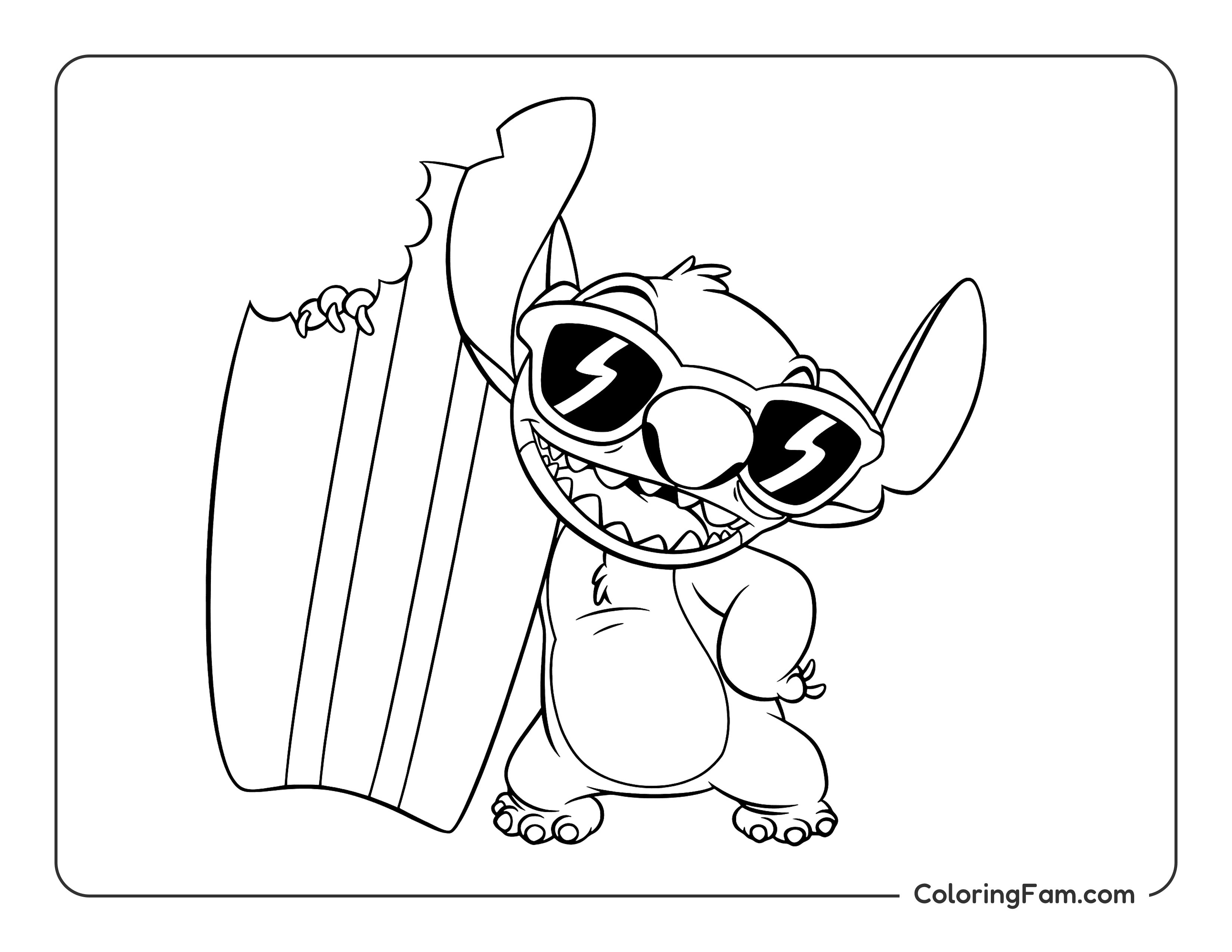 Stitch with his bitten surfboard coloring page printable