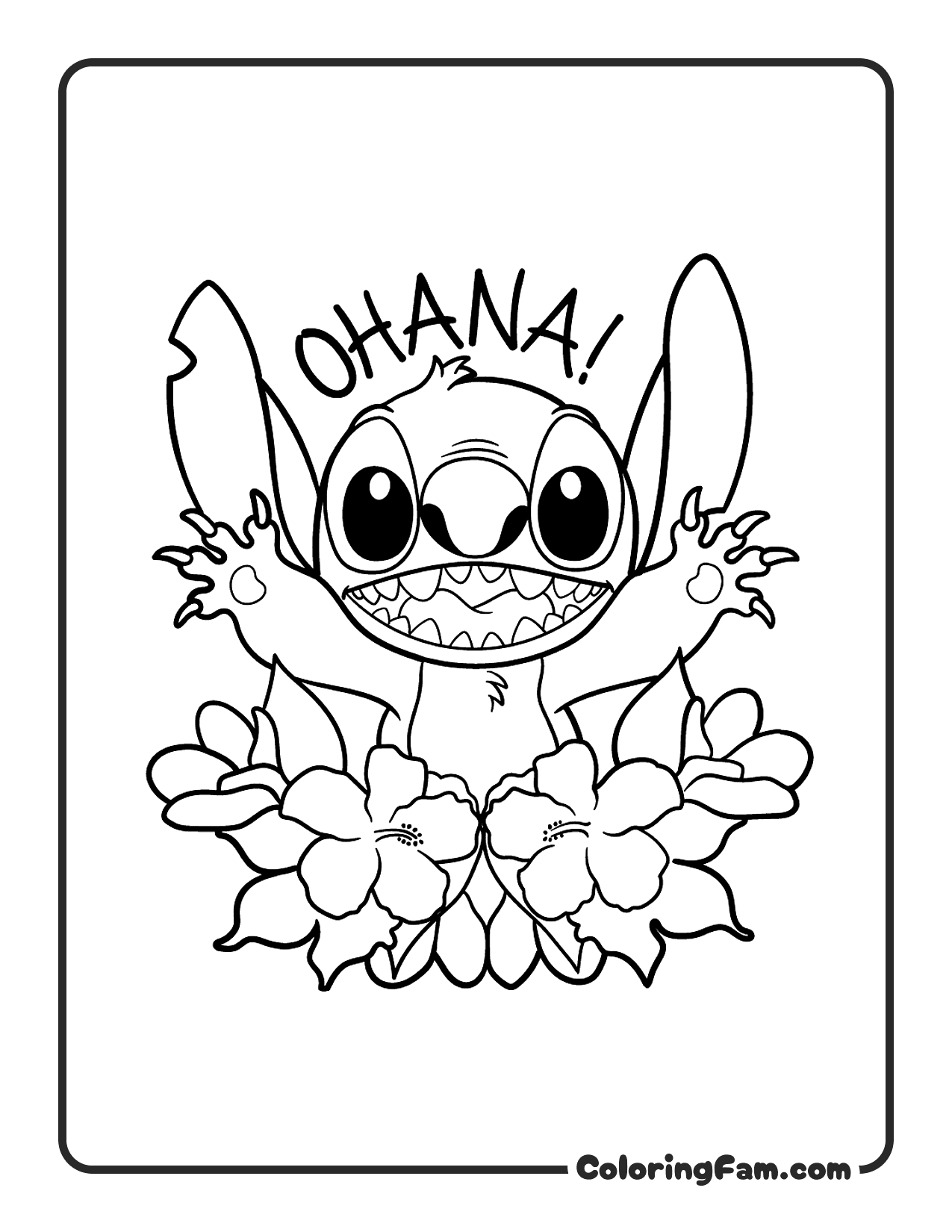 Stitch in tropical flowers coloring page