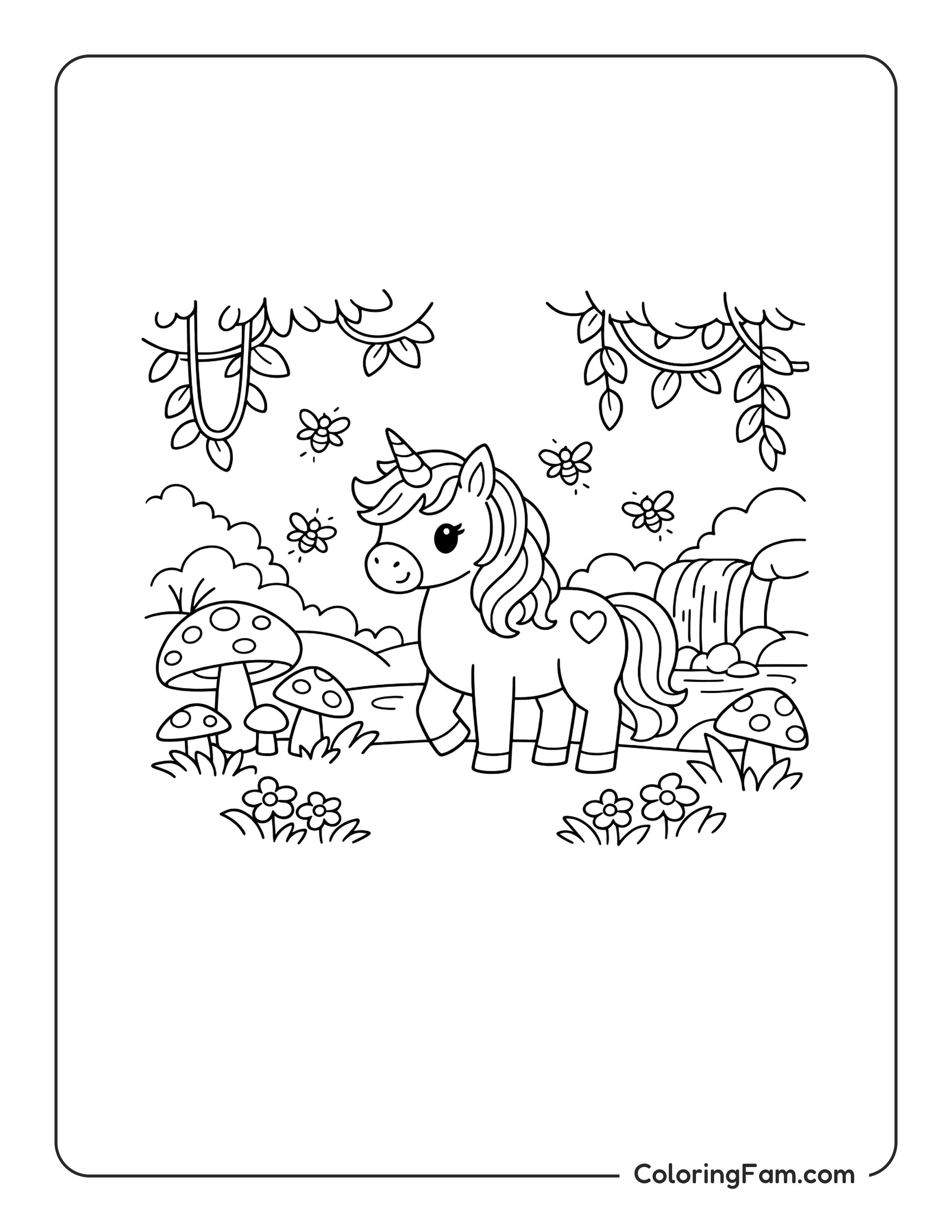 Unicorn In Forest coloring page