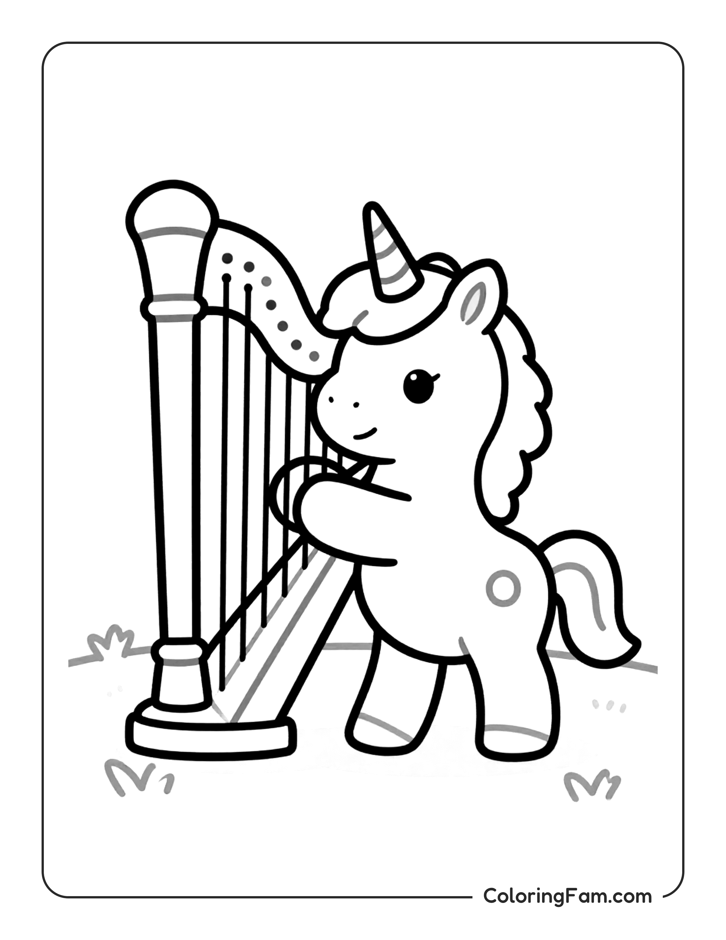 Unicorn Playing Harp Coloring Page Coloringfam