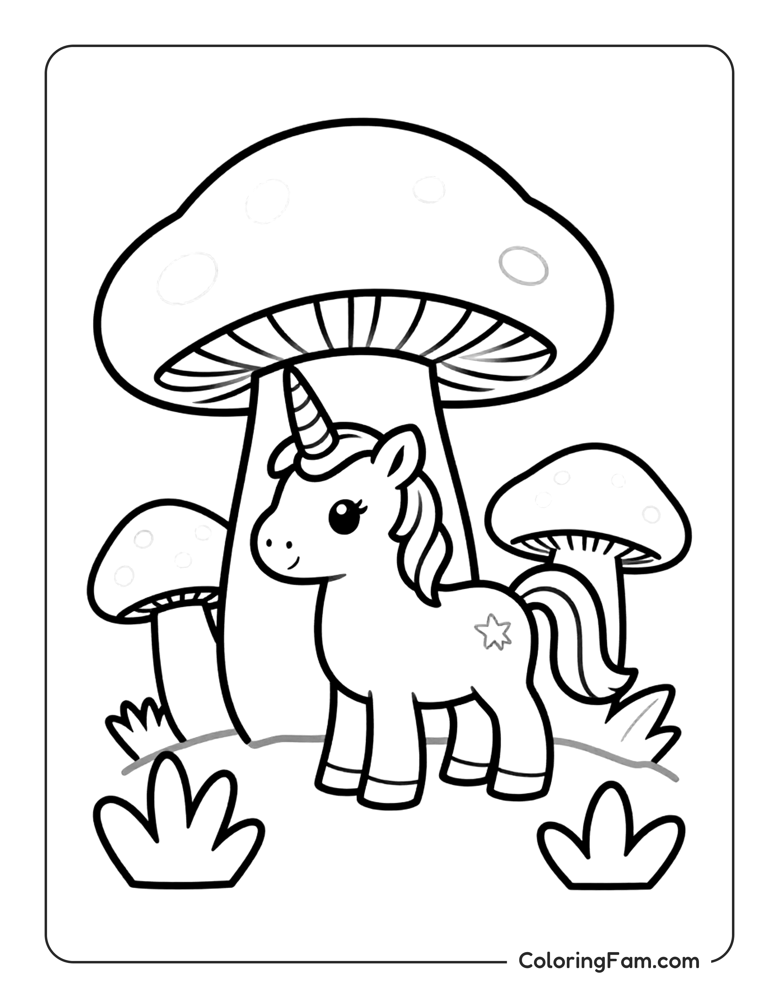 Unicorn Under Mushroom Coloring Page Coloringfam