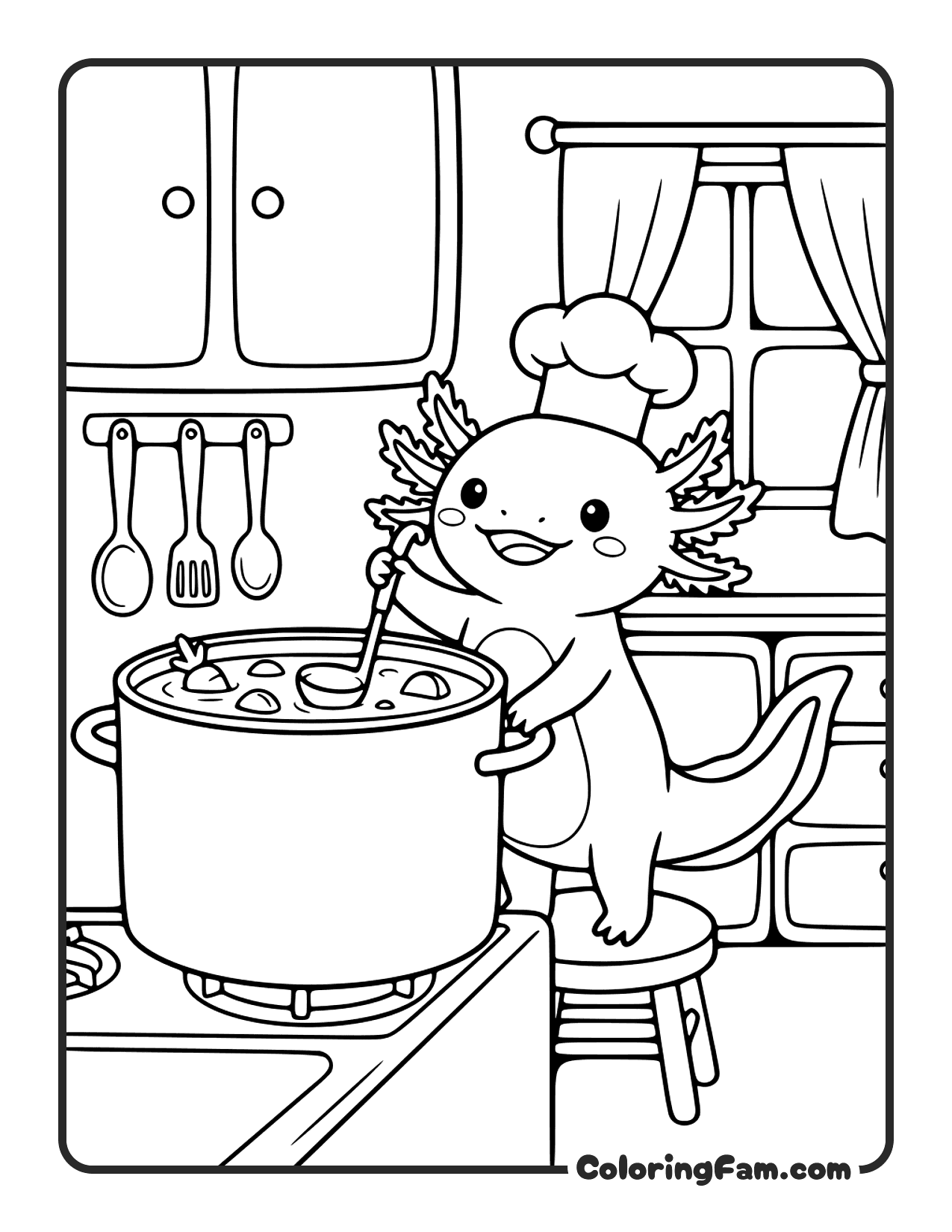Axolotl Cooking Soup In A Big Pot coloring page