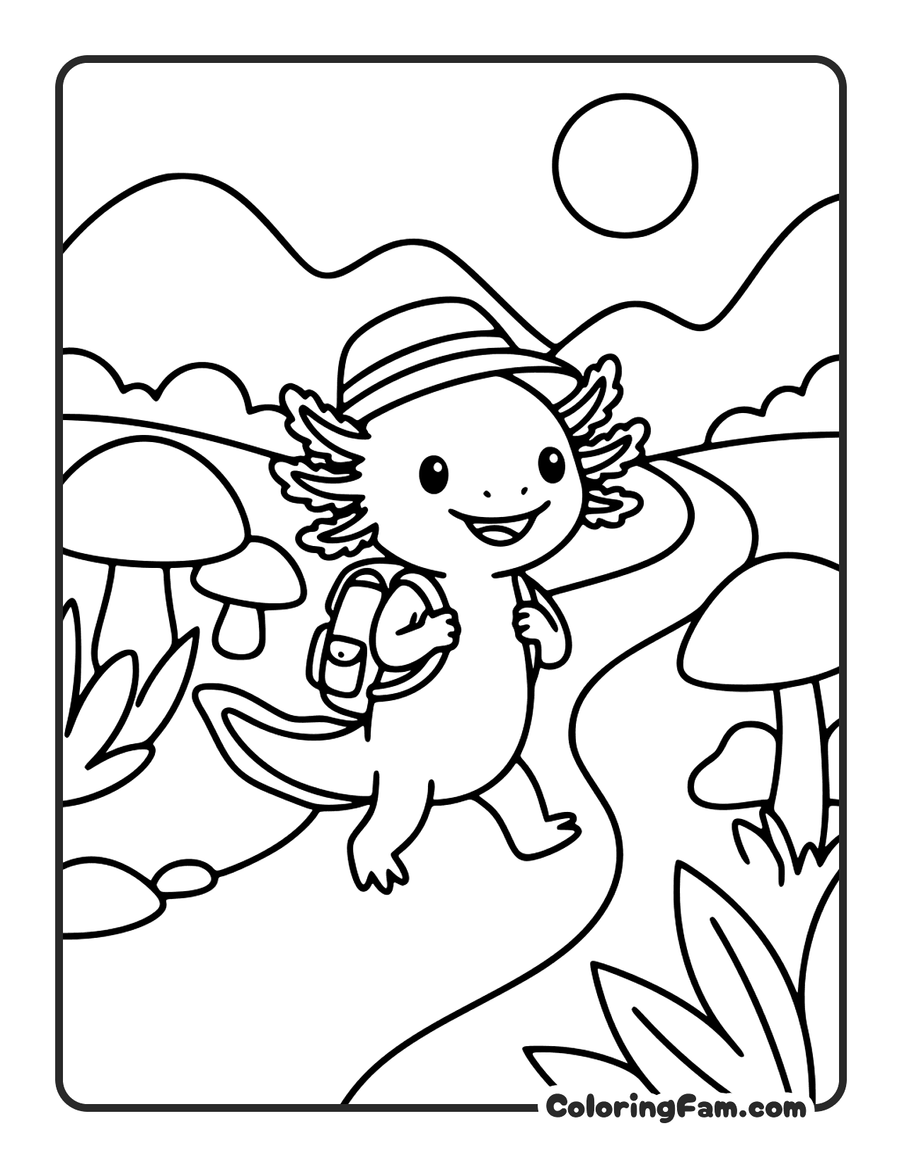 Axolotl Hiking With Backpack coloring page