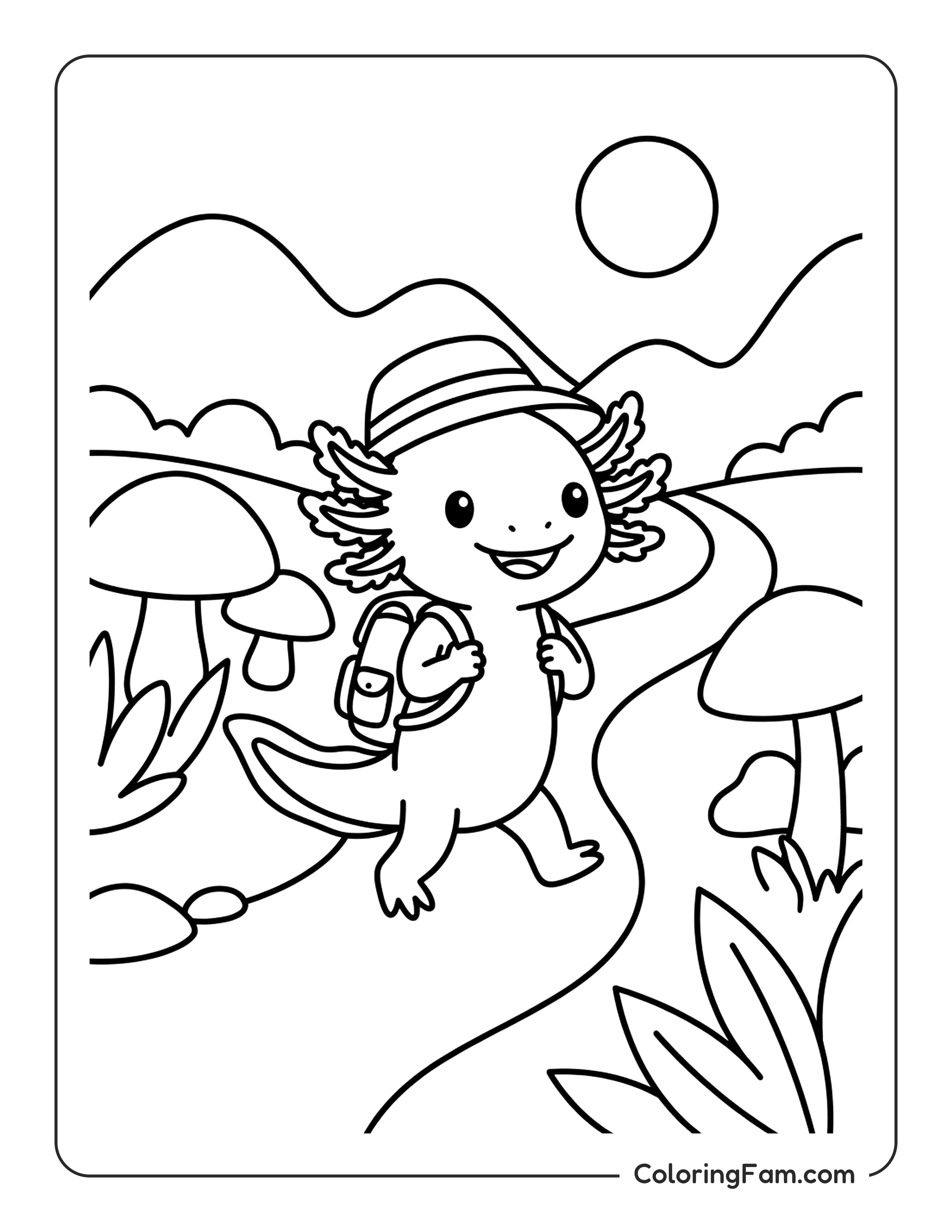 Axolotl Hiking With Backpack coloring page