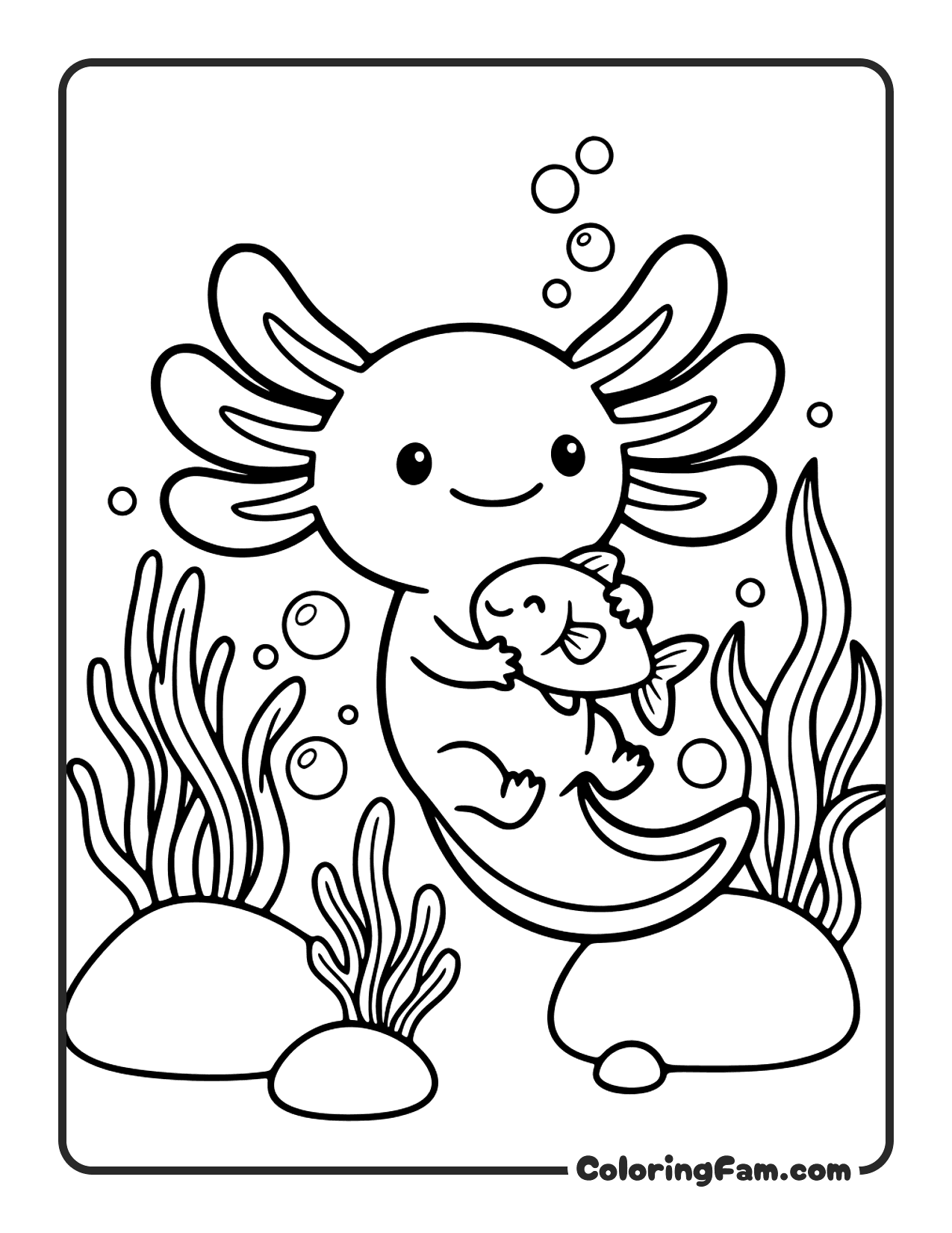 Axolotl Holding A Fish Friend Underwater coloring page