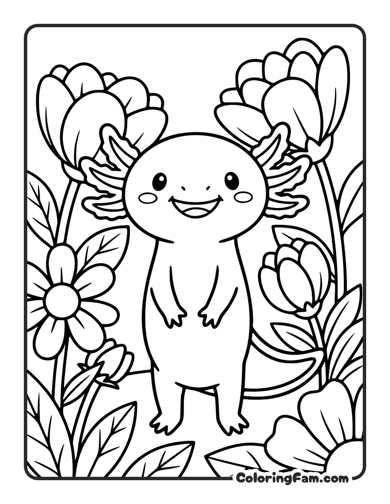 Axolotl Surrounded By Flowers coloring page