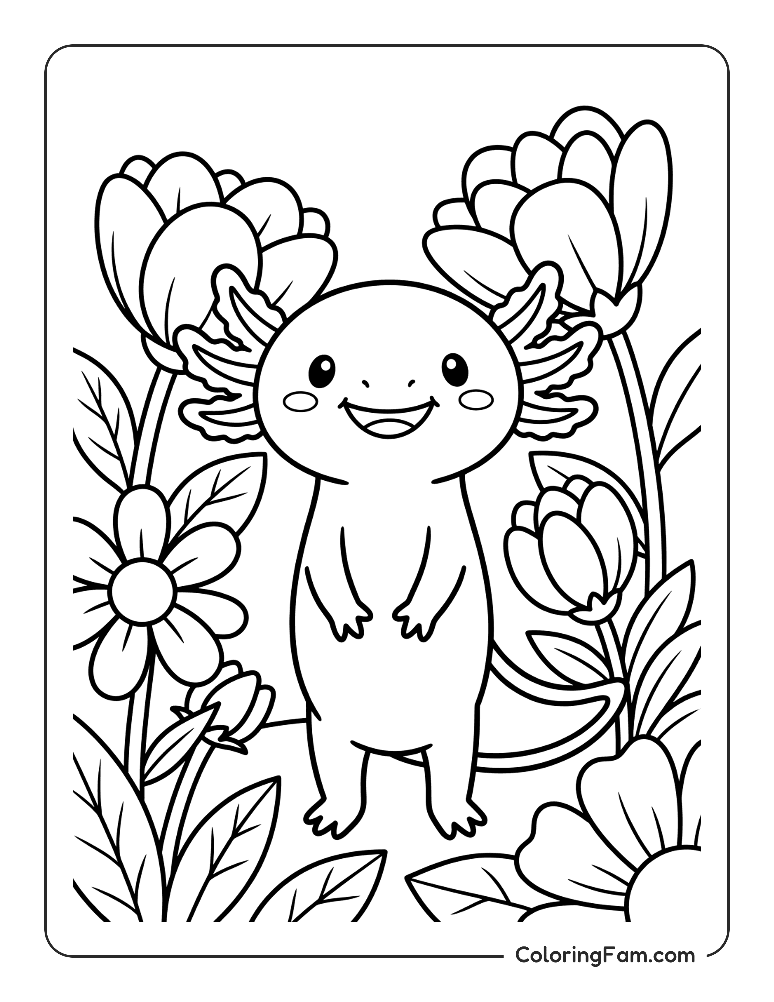 Axolotl Surrounded By Flowers coloring page