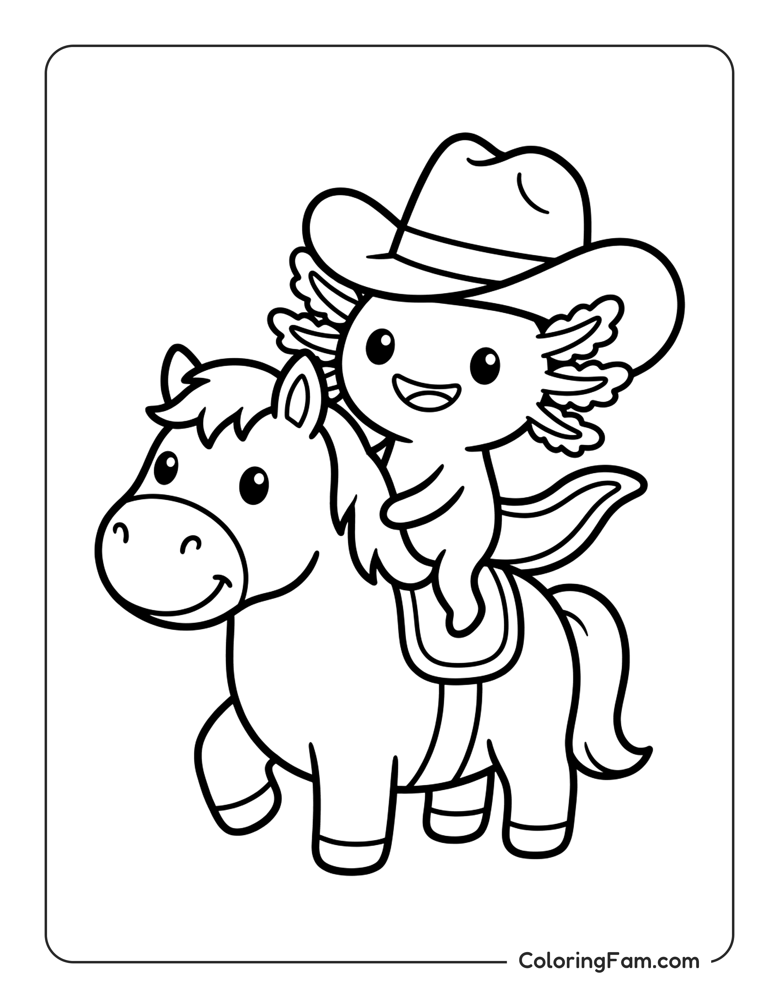 Axolotl Wearing Cowboy Hat Riding Horse coloring page