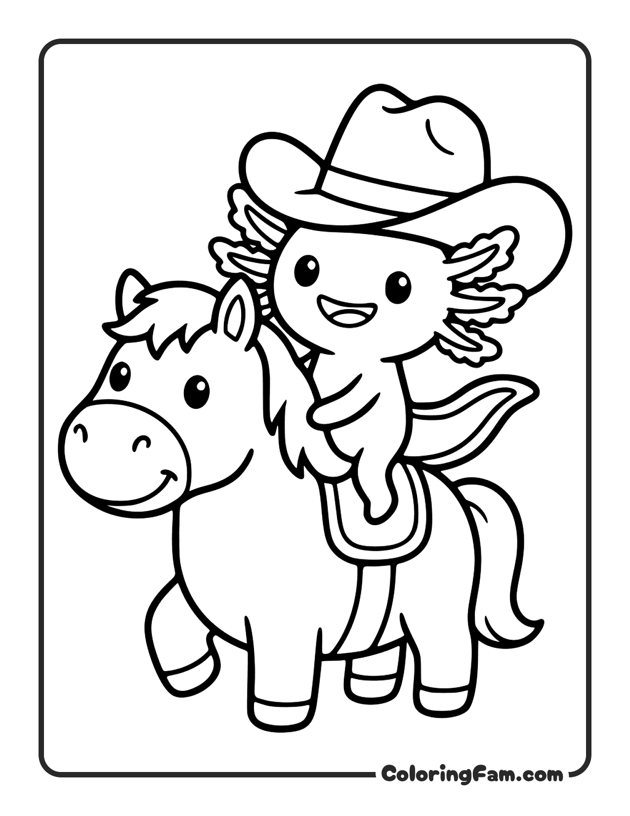 Axolotl Wearing Hat Riding Horse coloring page