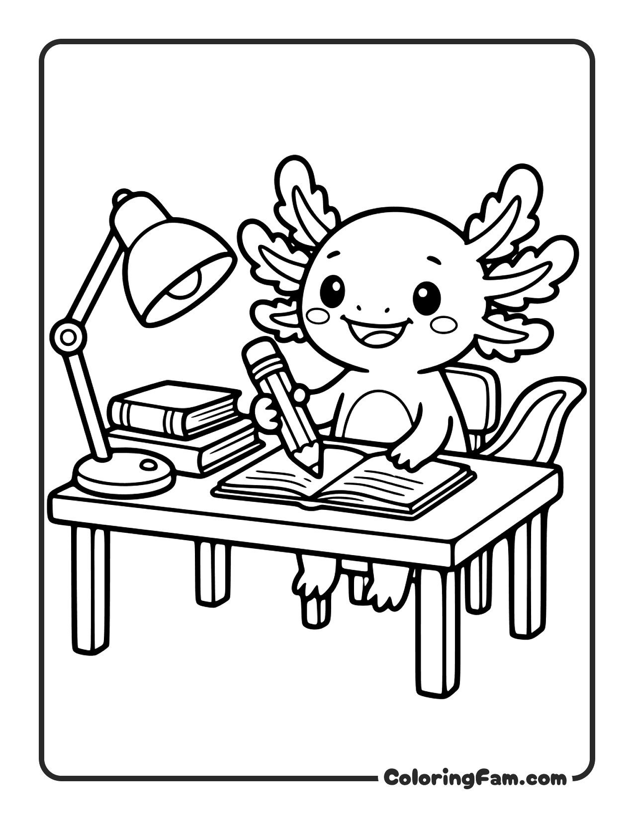 Axolotl Writing At Desk coloring page