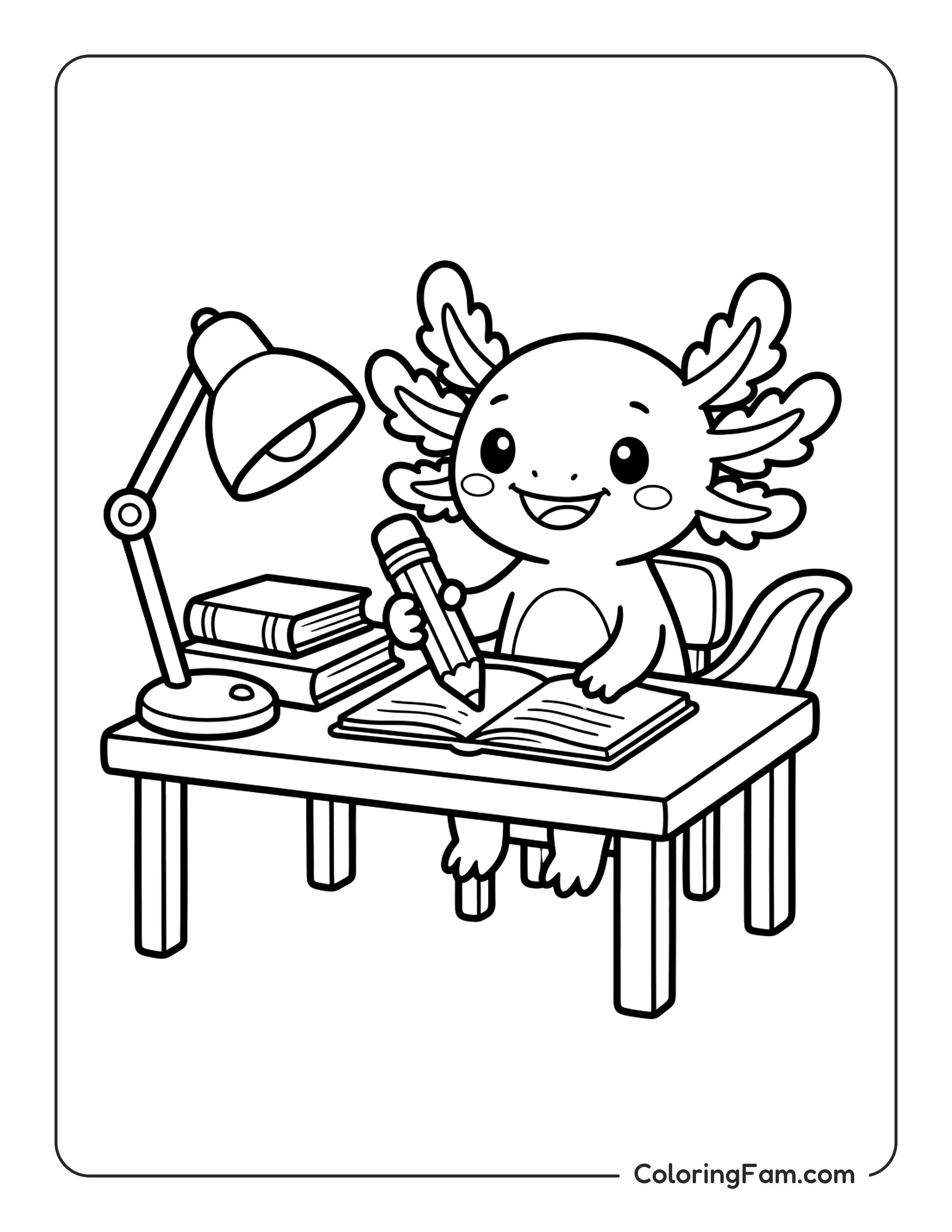 Axolotl Writing At Desk coloring page
