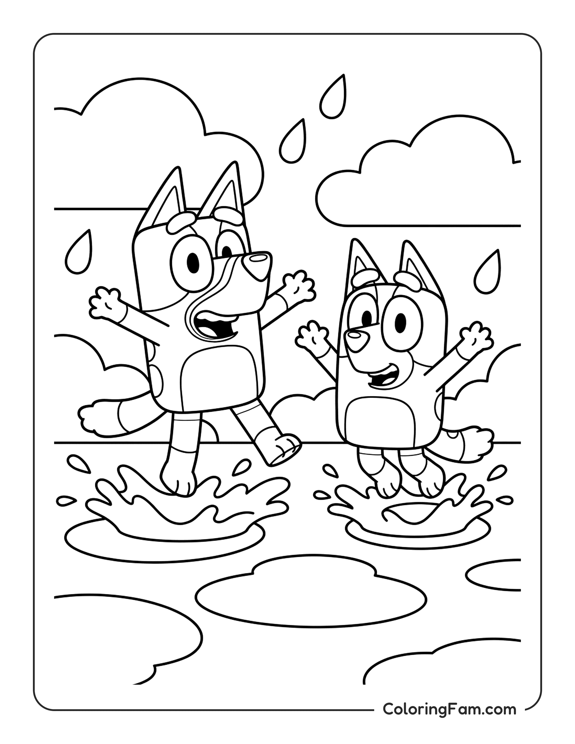 Bluey And Bingo Splashing Puddles coloring page