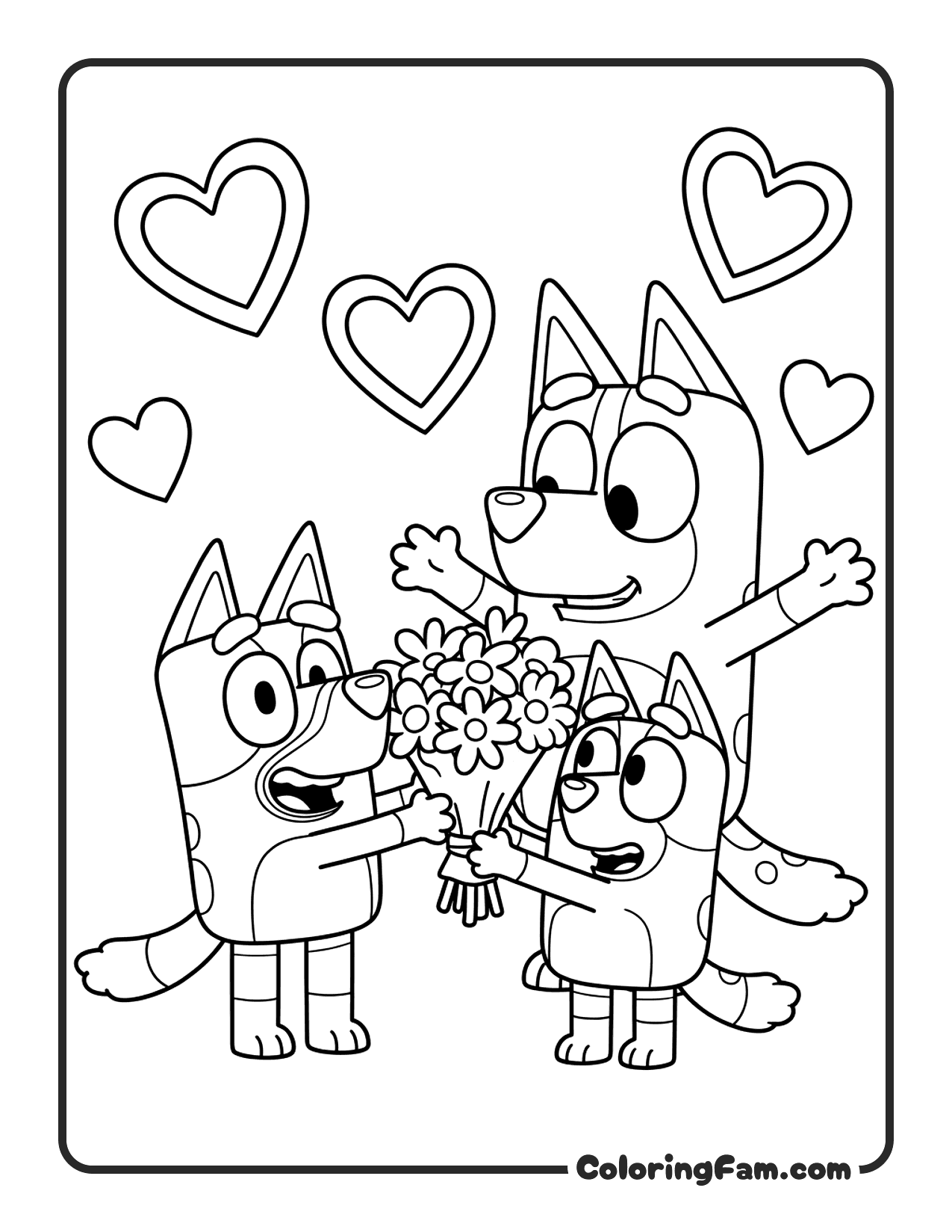 Bluey Bingo And Chilli Family Love coloring page
