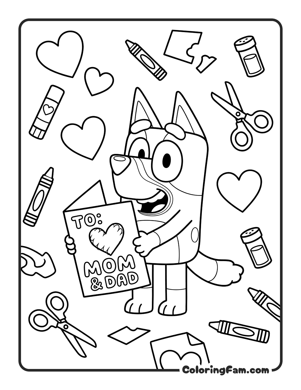 Bluey Making Handmade Card For Mom And Dad coloring page