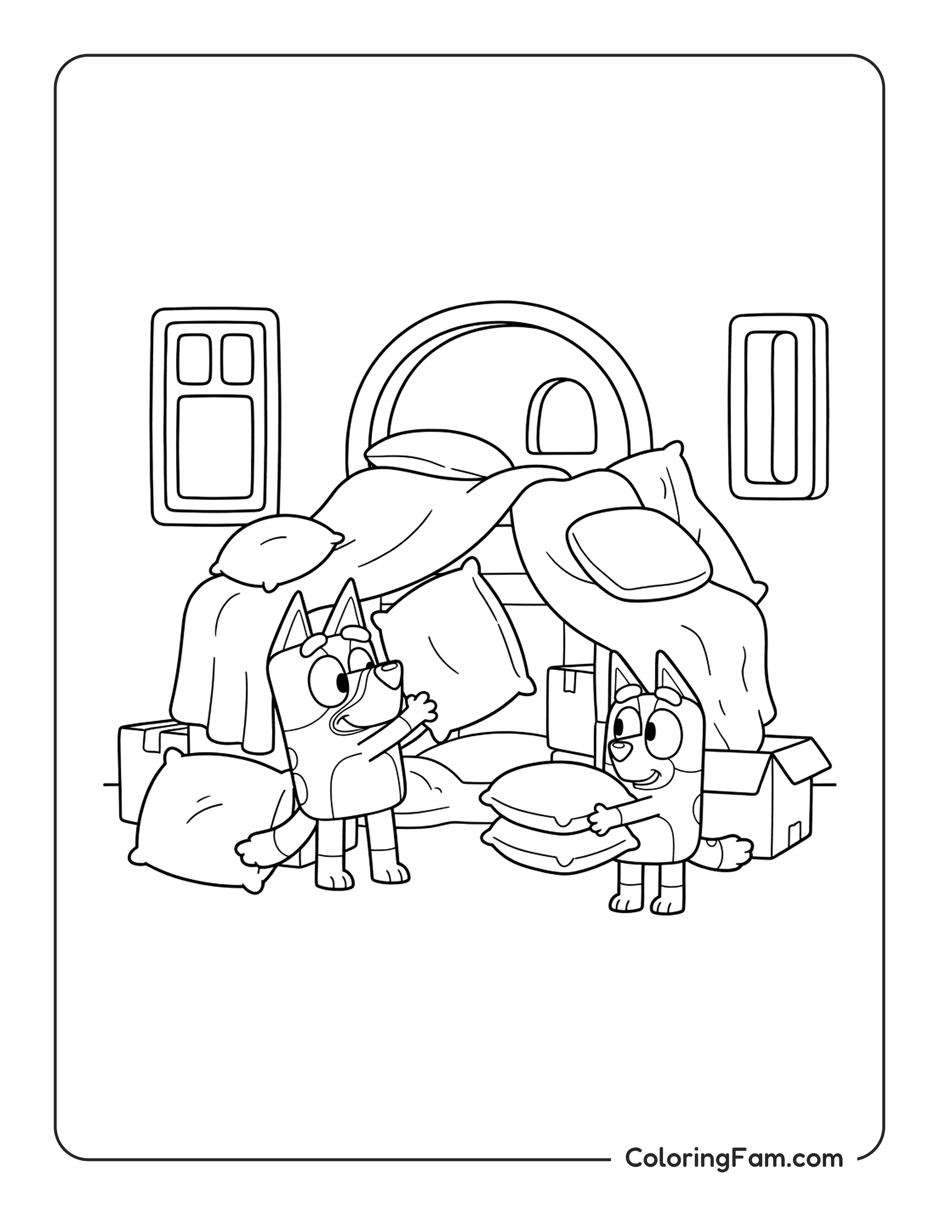 Bluey Playing With Pillows coloring page
