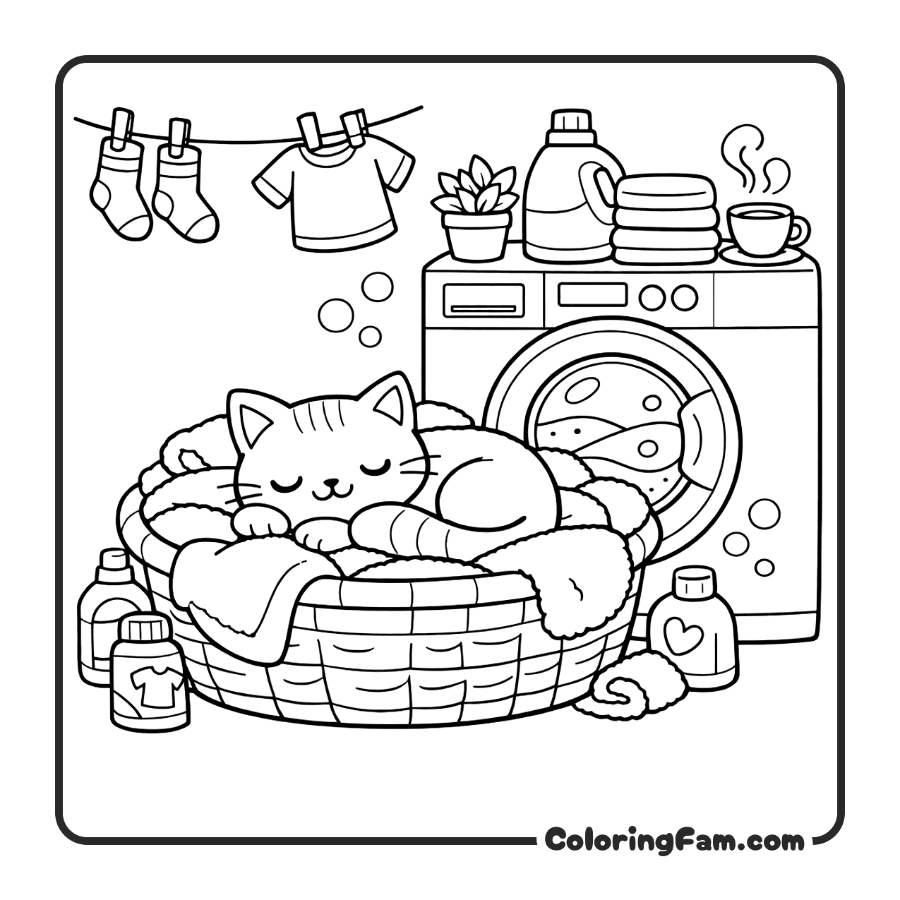 Cat Curled Up In A Laundry Basket Filled coloring page