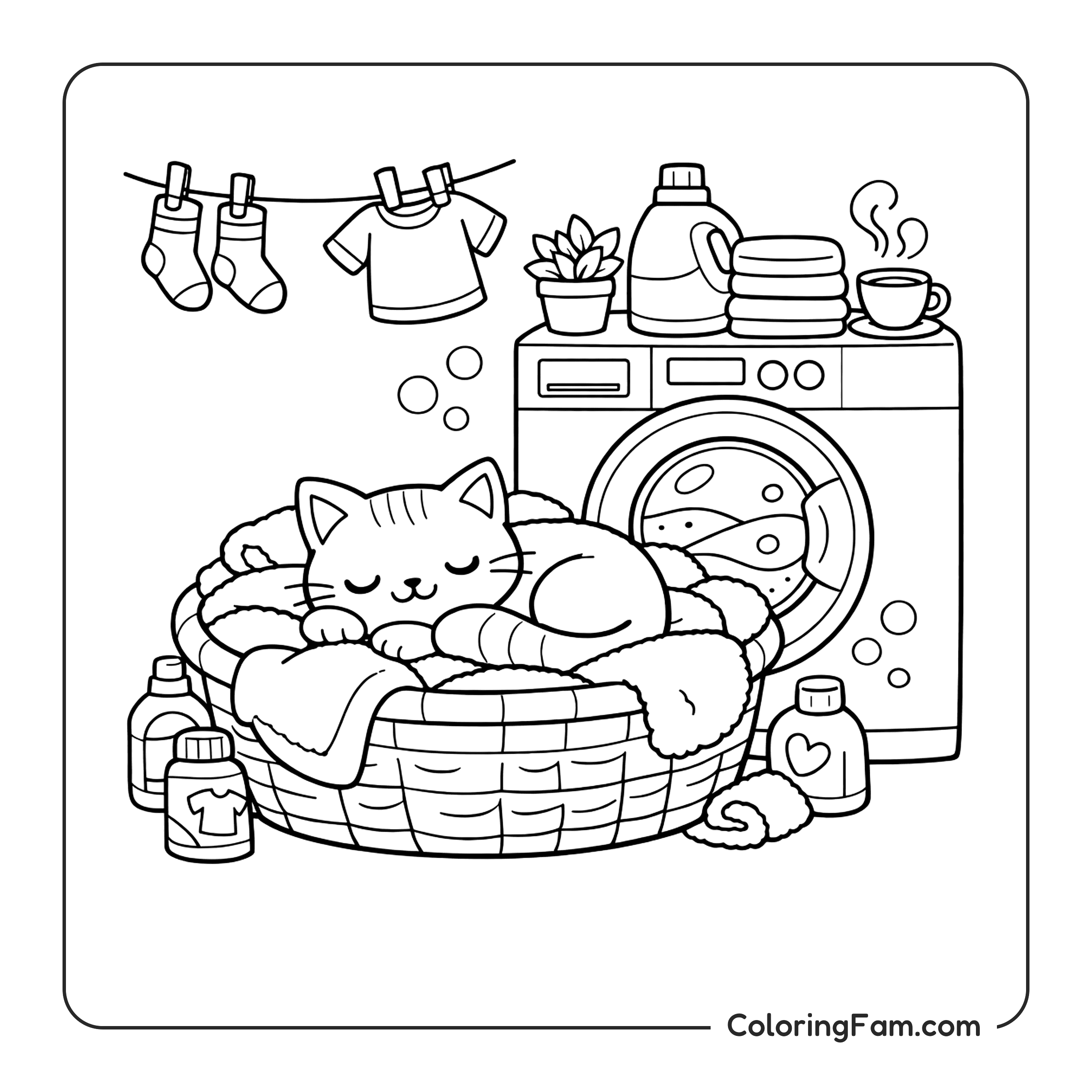 Cat Curled Up In A Laundry Basket Filled coloring page