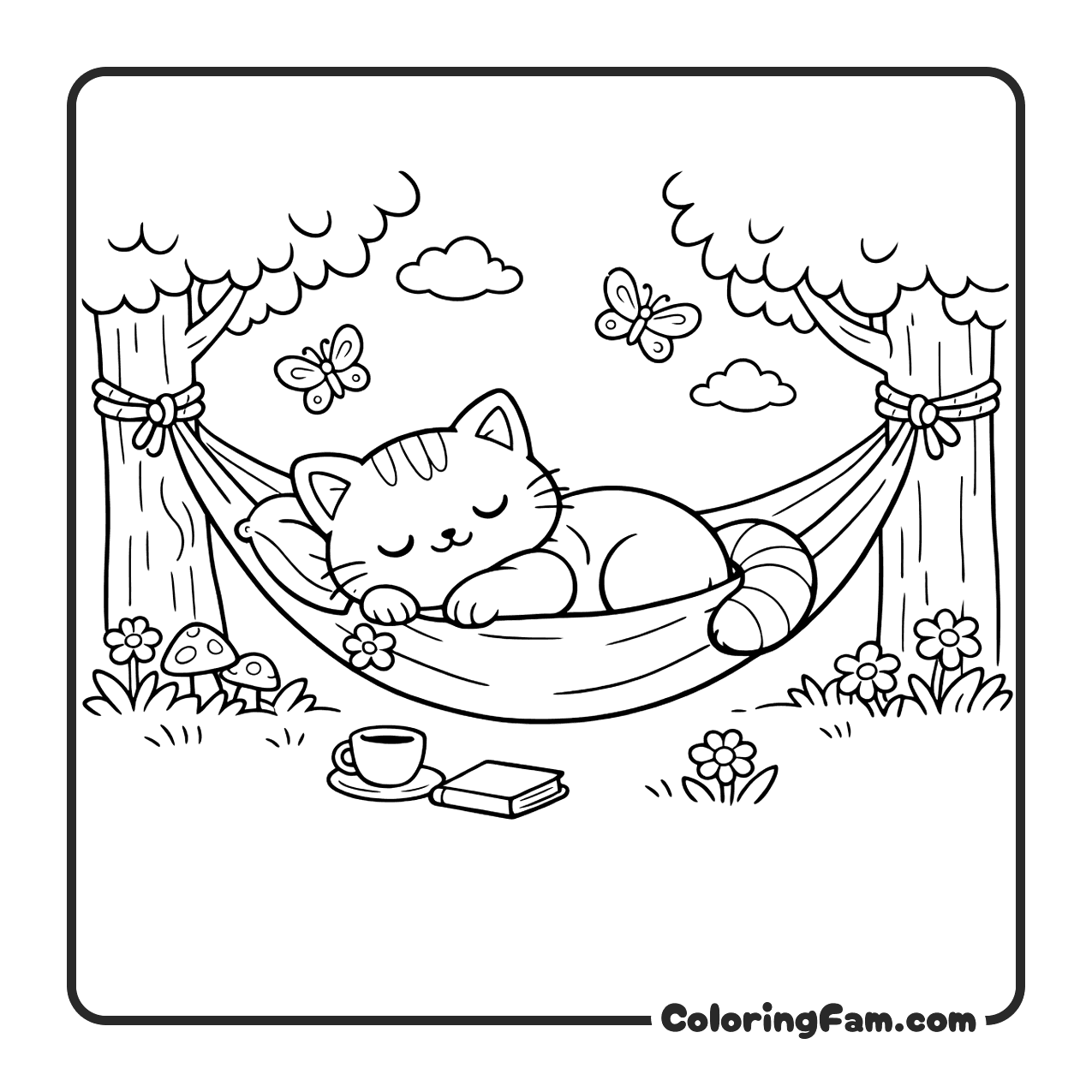 Cat Napping In A Hammock Hung Between Two coloring page