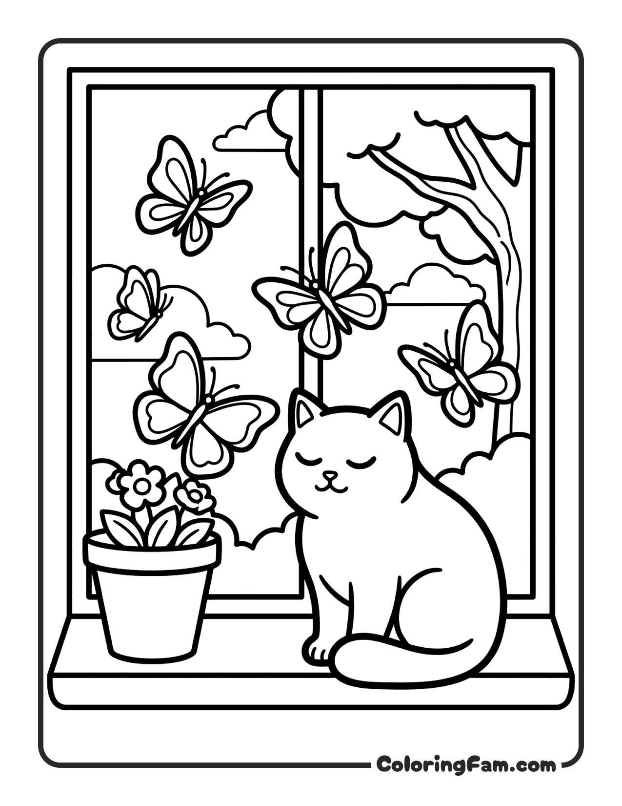 Cat Sitting On A Windowsill coloring page