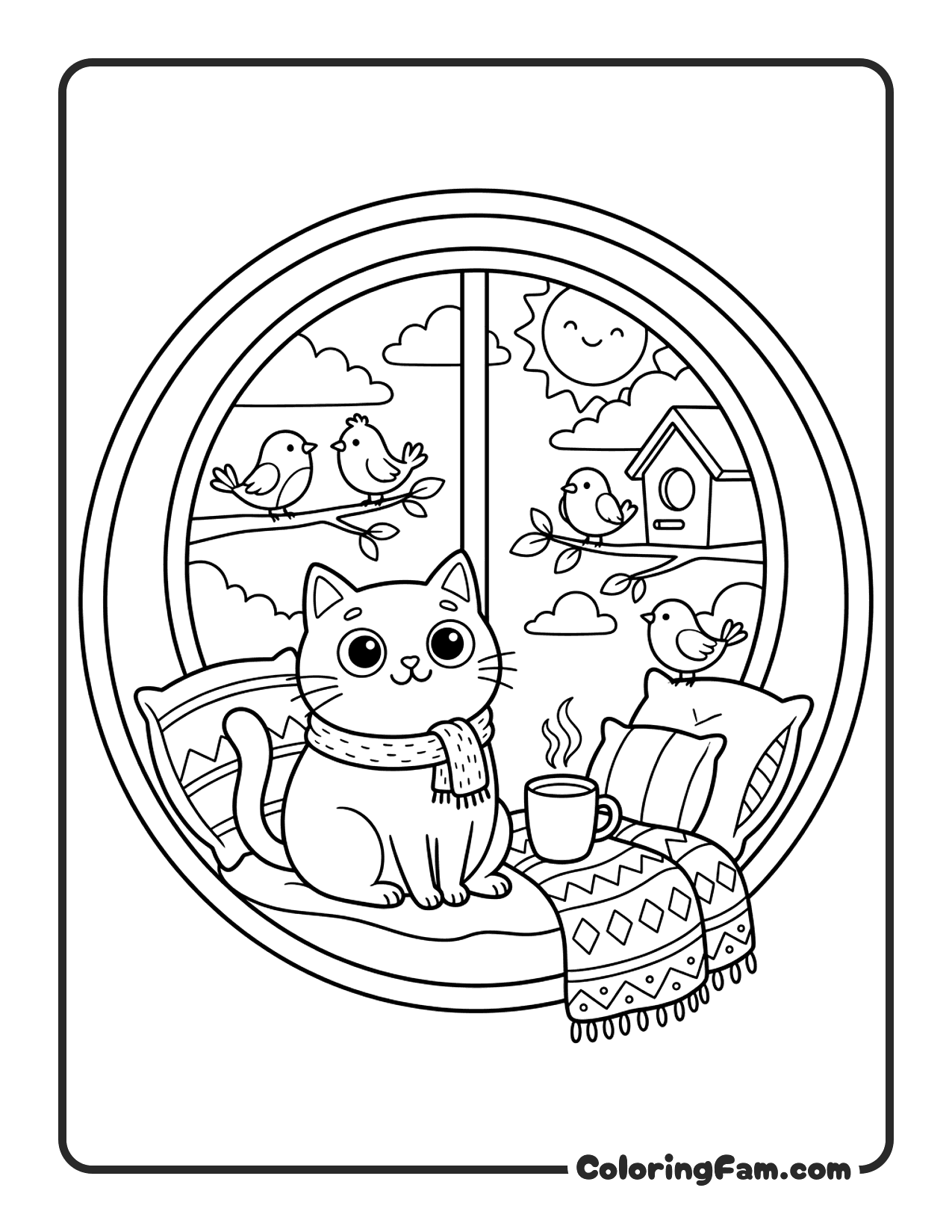 Cat Sitting In A Round Window Seat coloring page