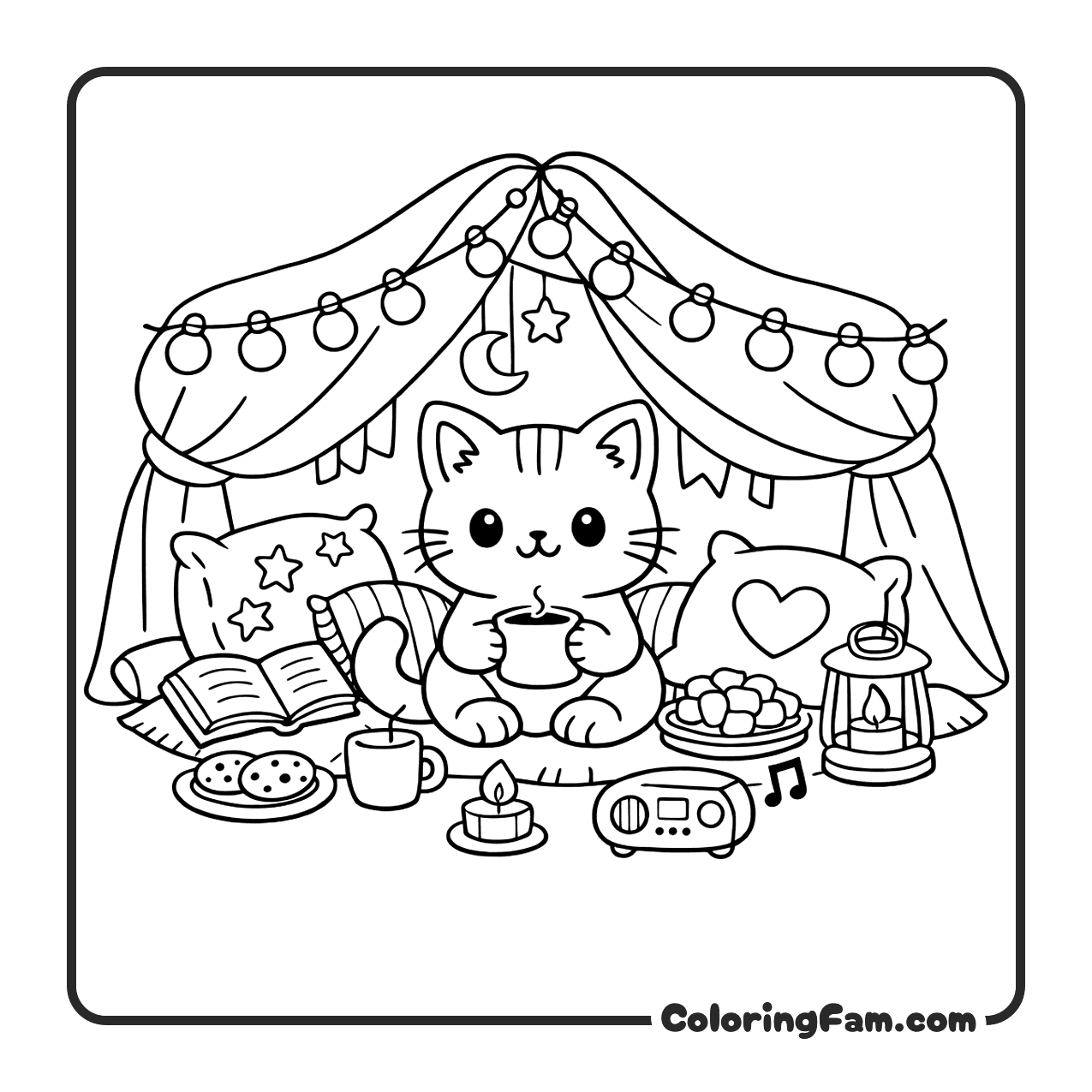 Cat Sitting Inside A Cozy Tent Made coloring page