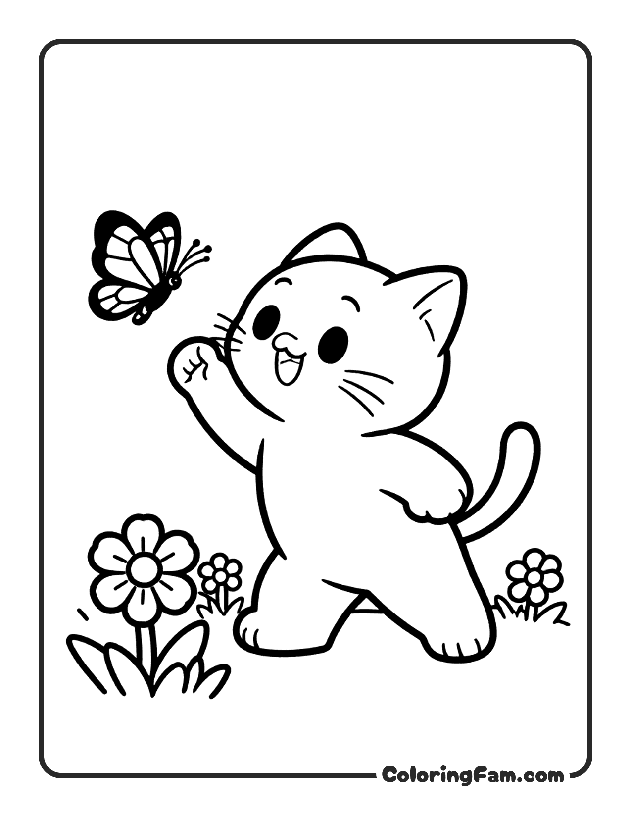 Playful Cartoon Cat Chasing A Butterfly coloring page