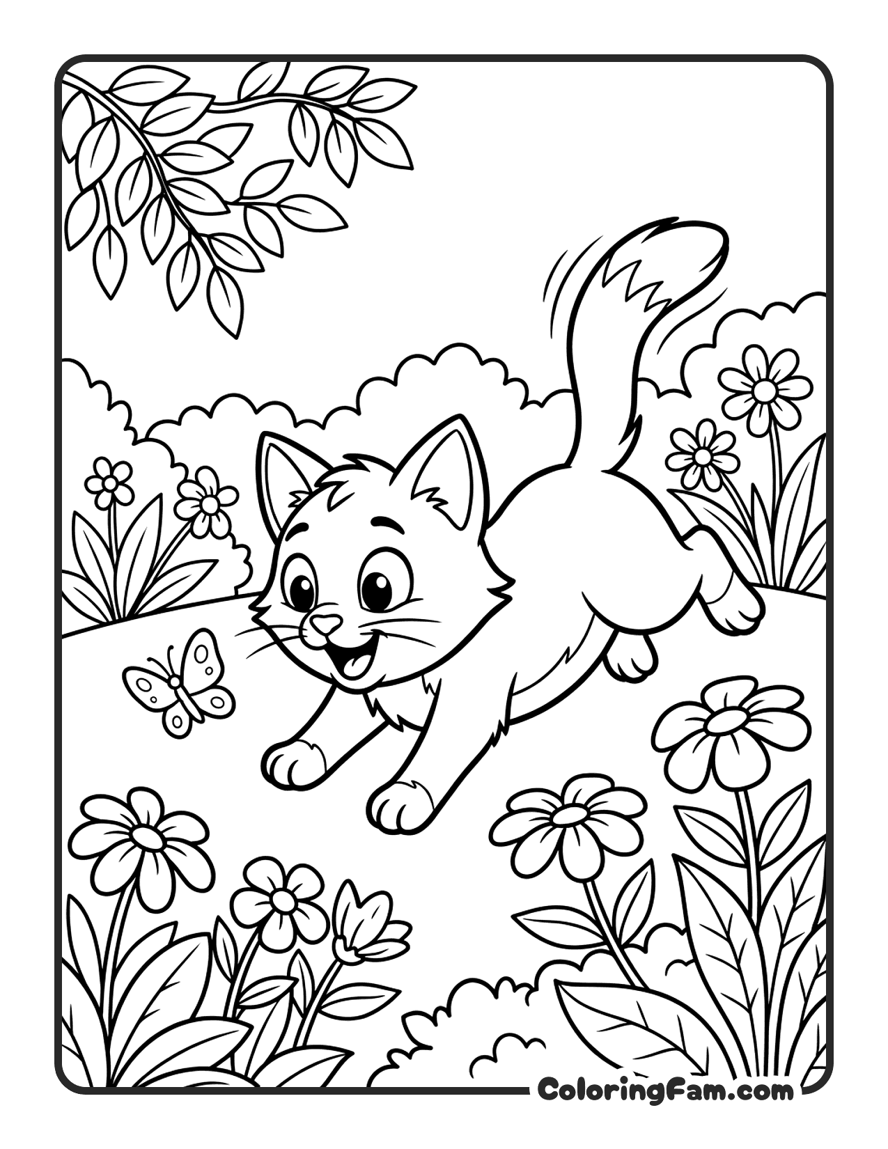Playful Cartoon Cat Chasing A Butterfly coloring page