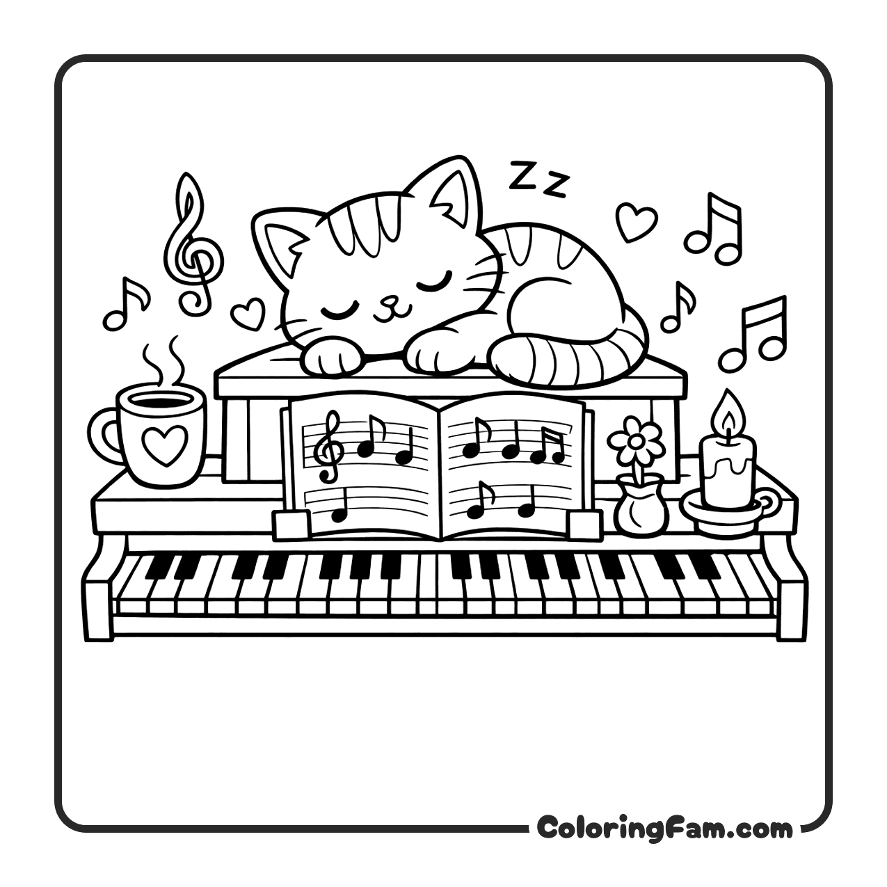 Kitten Sleeping On Top Of A Piano With Music coloring page