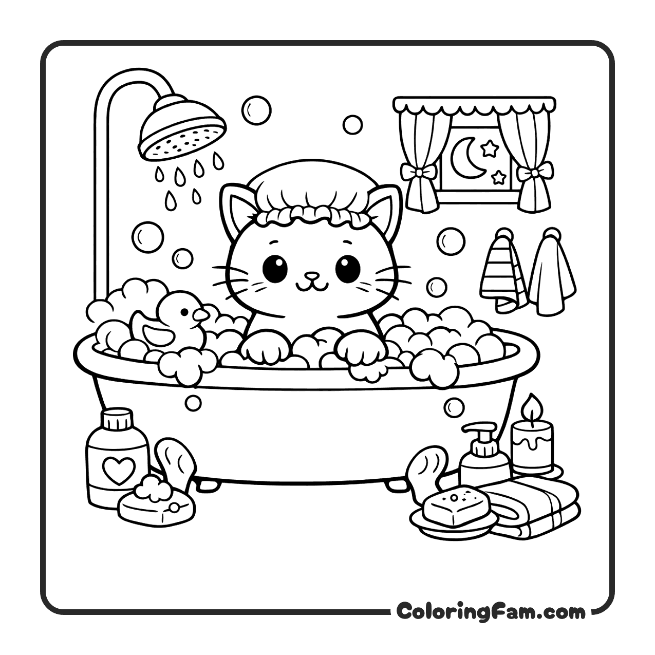 Cat Sitting In A Bathtub Filled With Bubbles coloring page