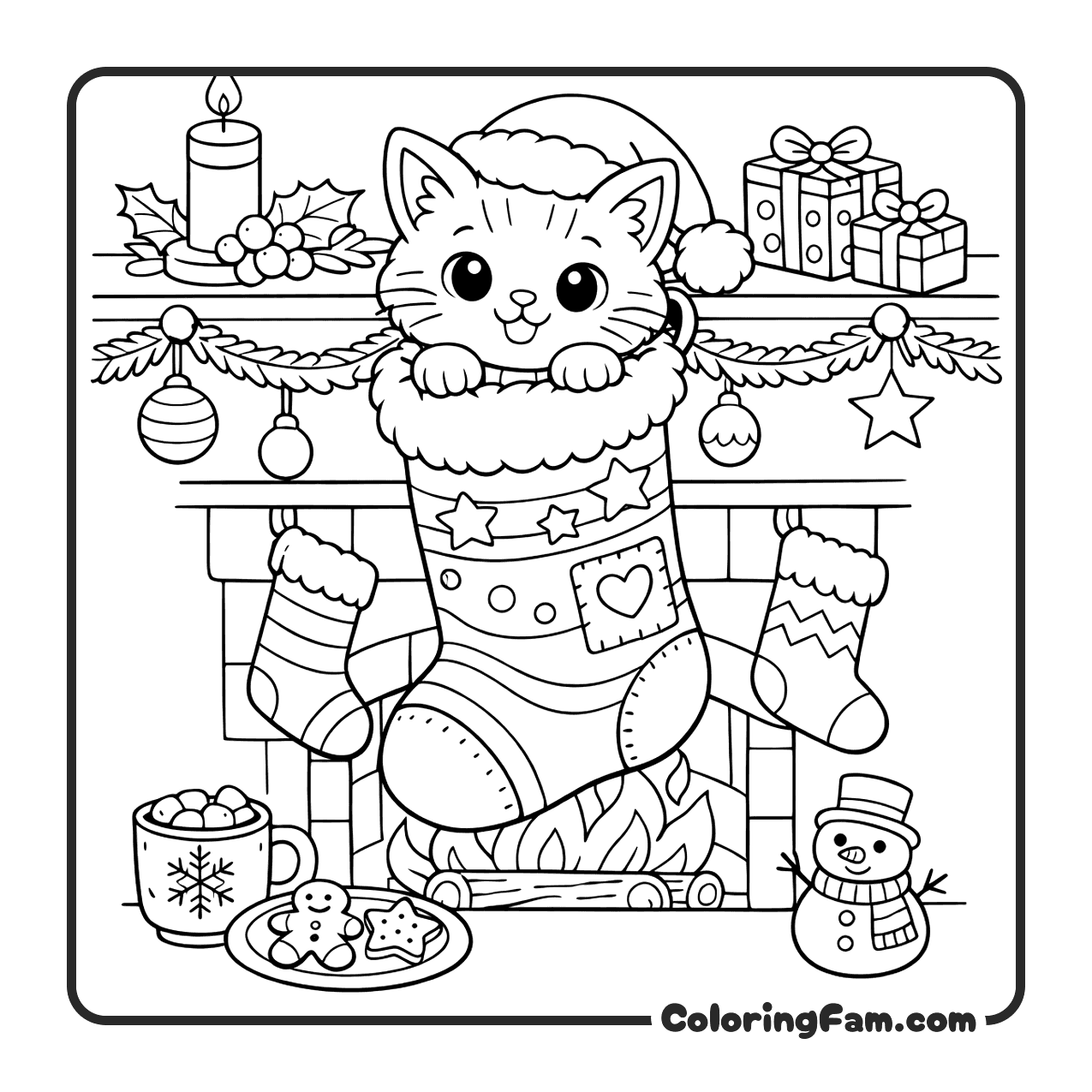 Kitten Peeking Out Of A Christmas Stocking coloring page