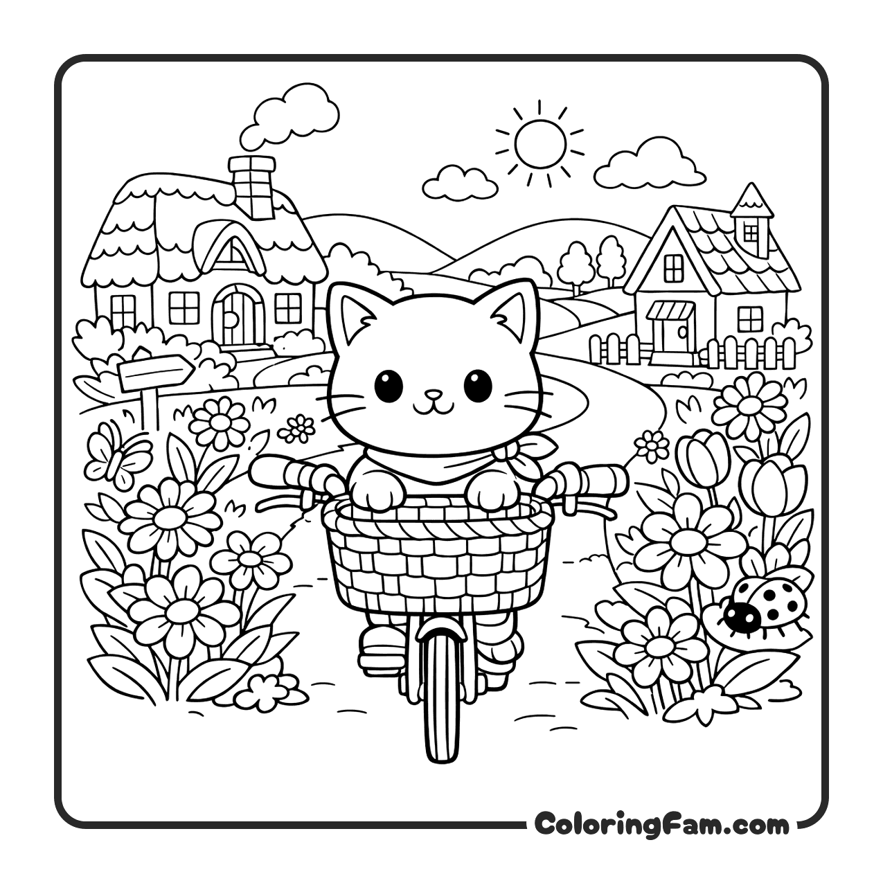 Cat Riding In A Bicycle Basket Through coloring page