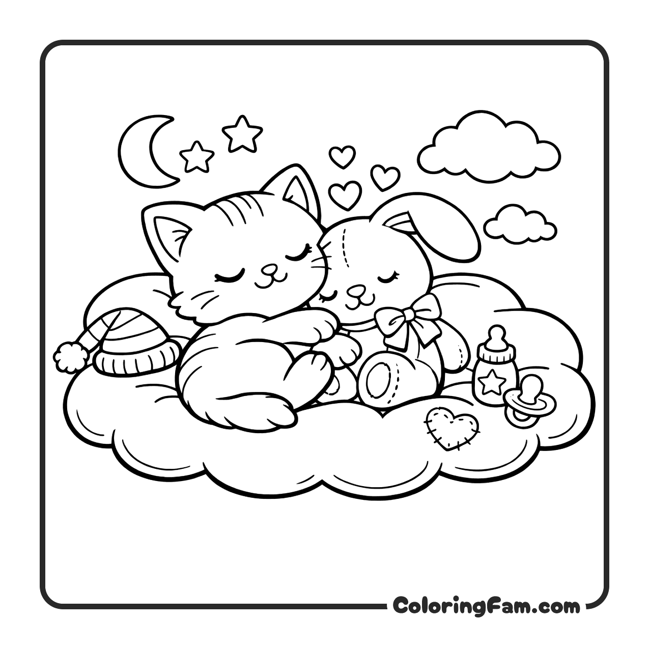Kitten Cuddling With A Stuffed Bunny coloring page