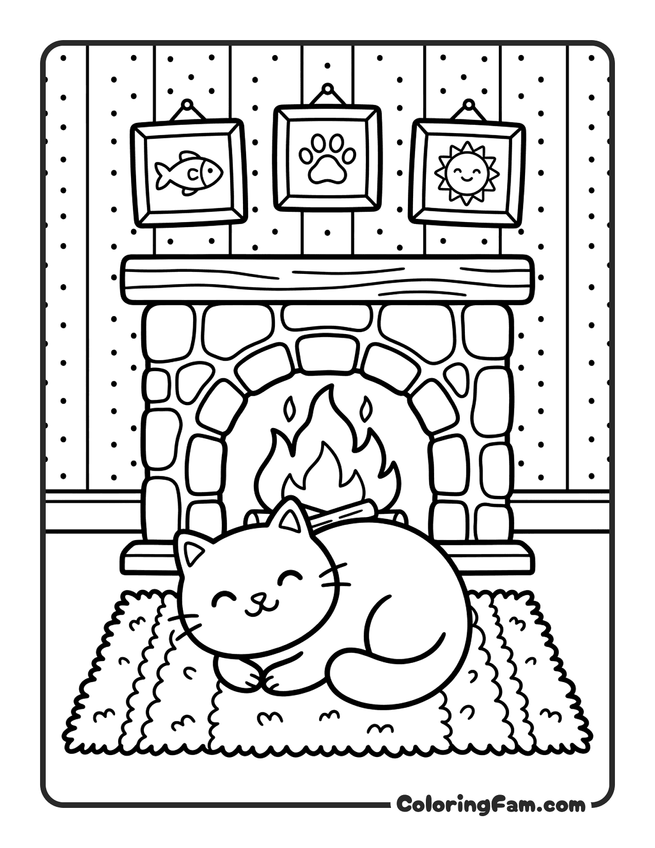 Cat Lying On A Soft Rug In Front Of A Warm coloring page