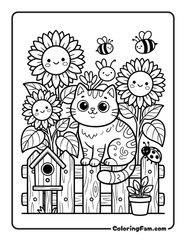 Cat Sitting On A Garden Fence With Sunflowers Behind It Cozy V1 coloring page