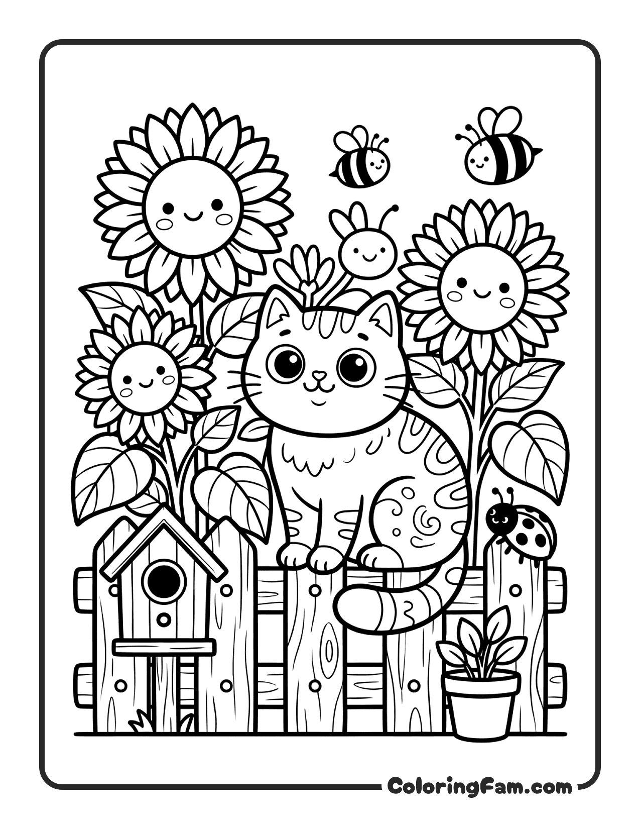 Cat Sitting On A Garden Fence With Sunflowers Behind It Cozy V1 coloring page