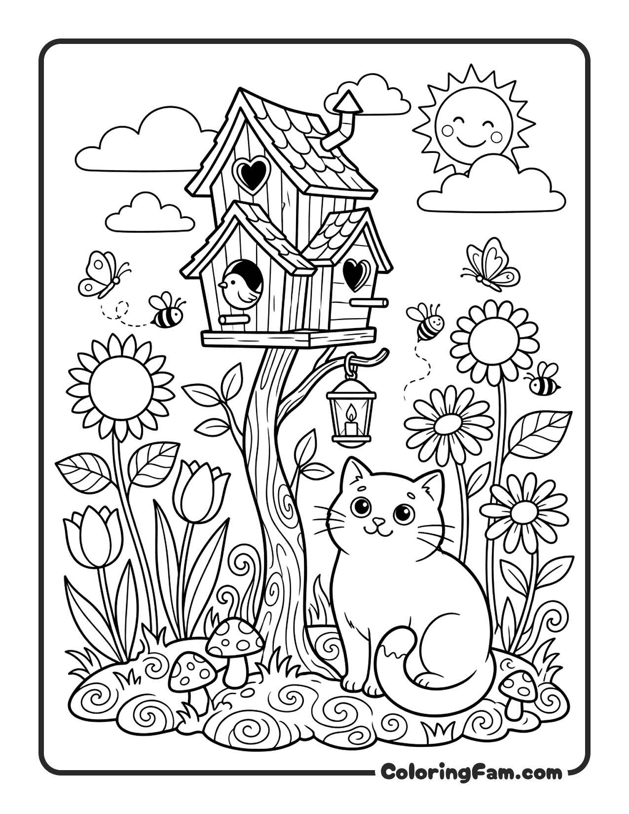 Cat Sitting Next To A Birdhouse On A Pole coloring page