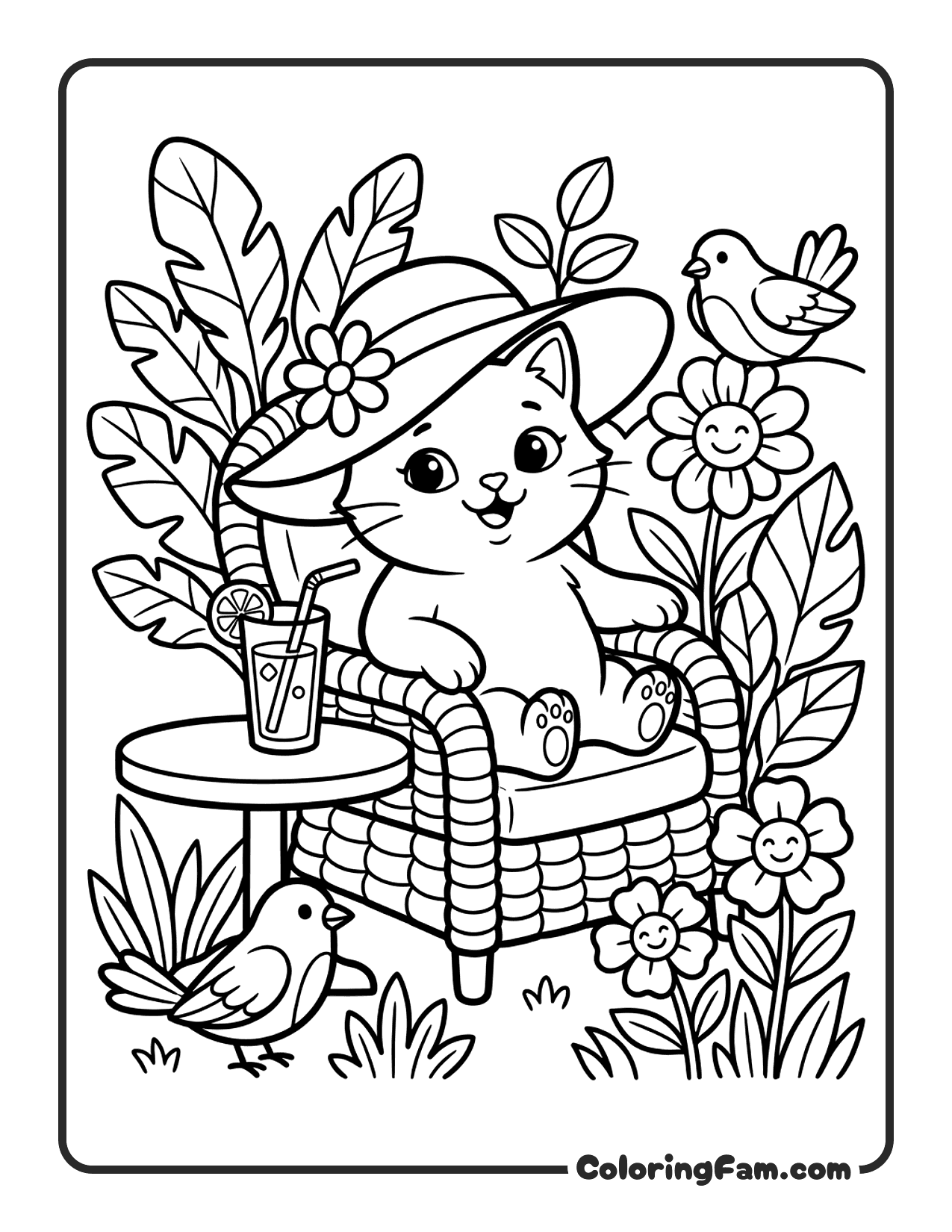 Cat Wearing A Sun Hat Sitting In A Garden coloring page