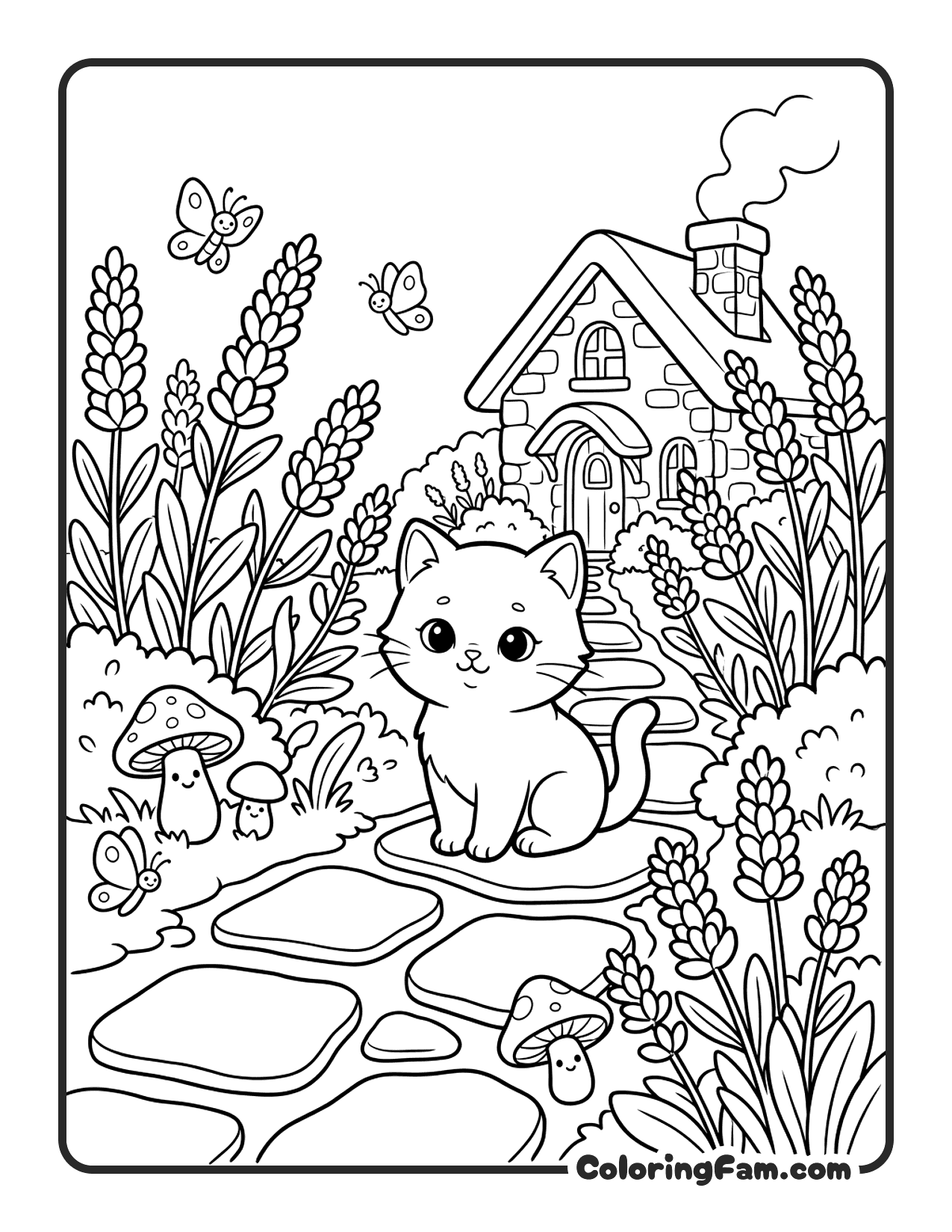 Kitten Sitting On A Stone Pathway Surrounded coloring page