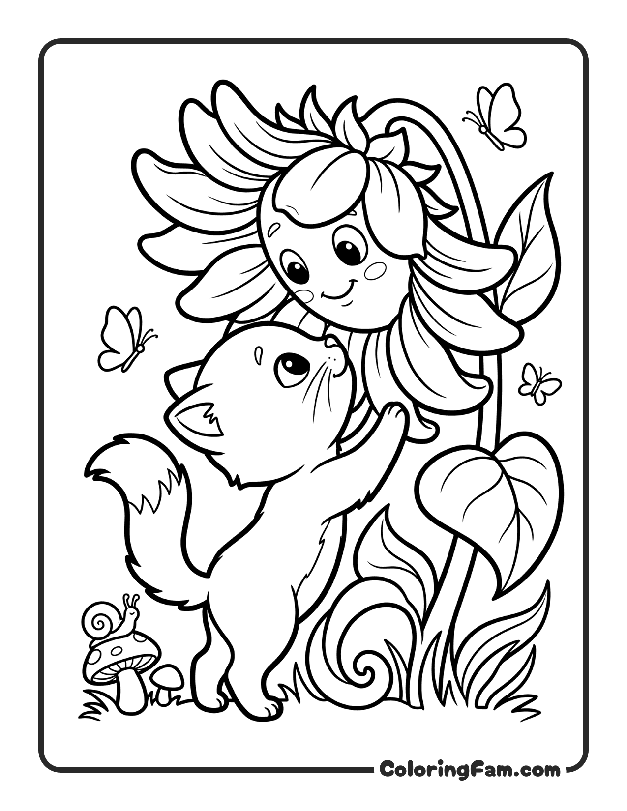 Kitten Sniffing A Big Sunflower Taller Than Itself Cozy V1 coloring page
