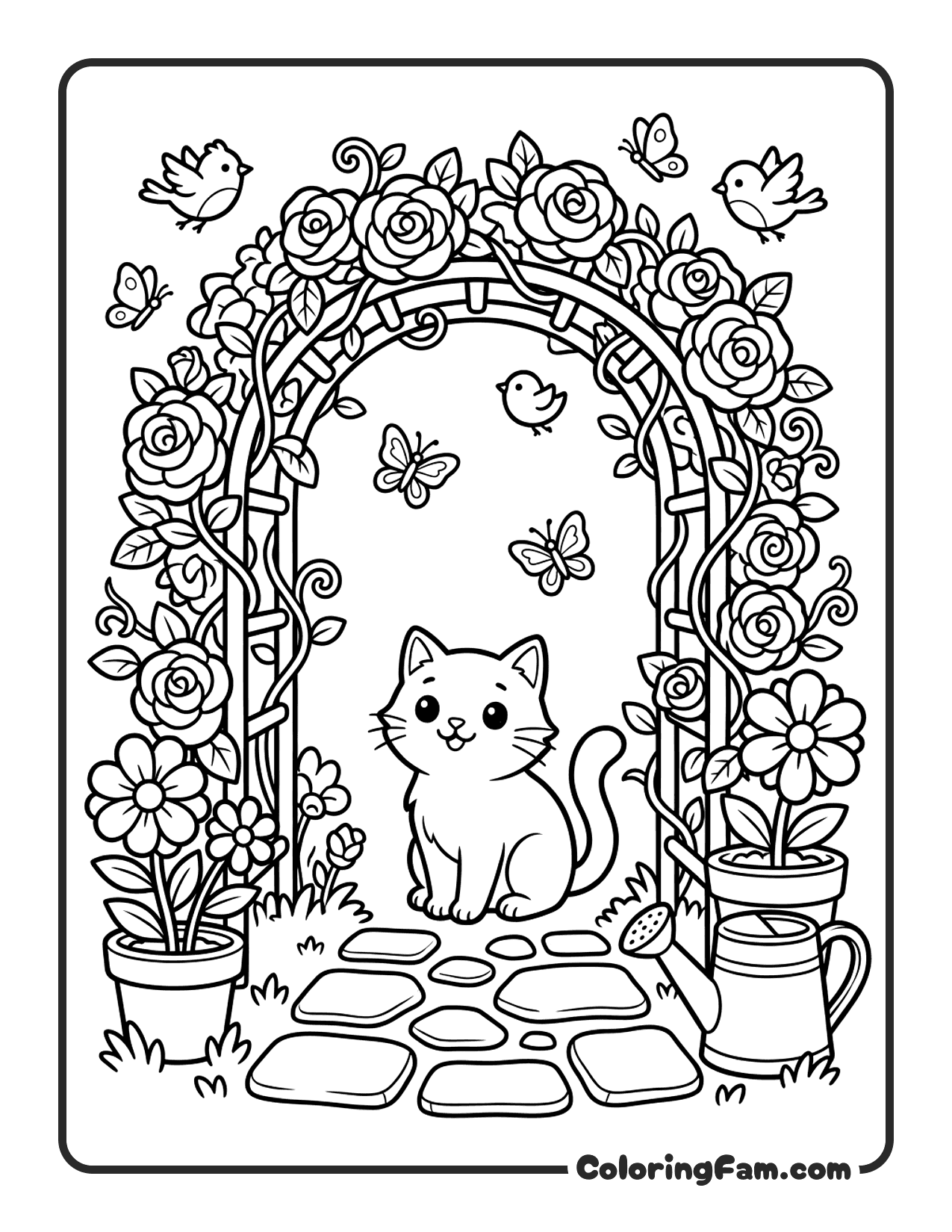 Cat Sitting Under A Garden Arch With Big coloring page